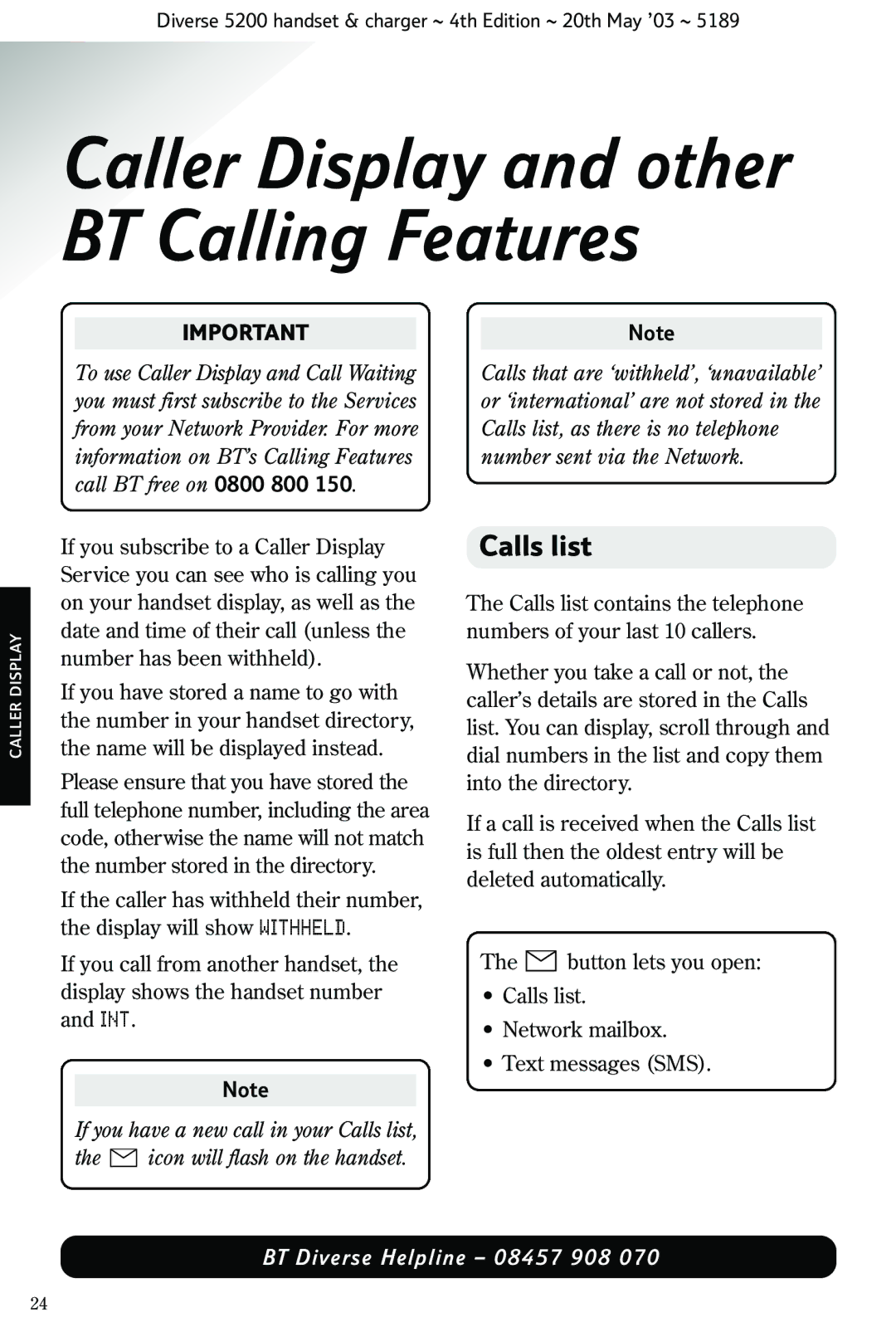 BT 5200 manual Caller Display and other BT Calling Features, Calls list 