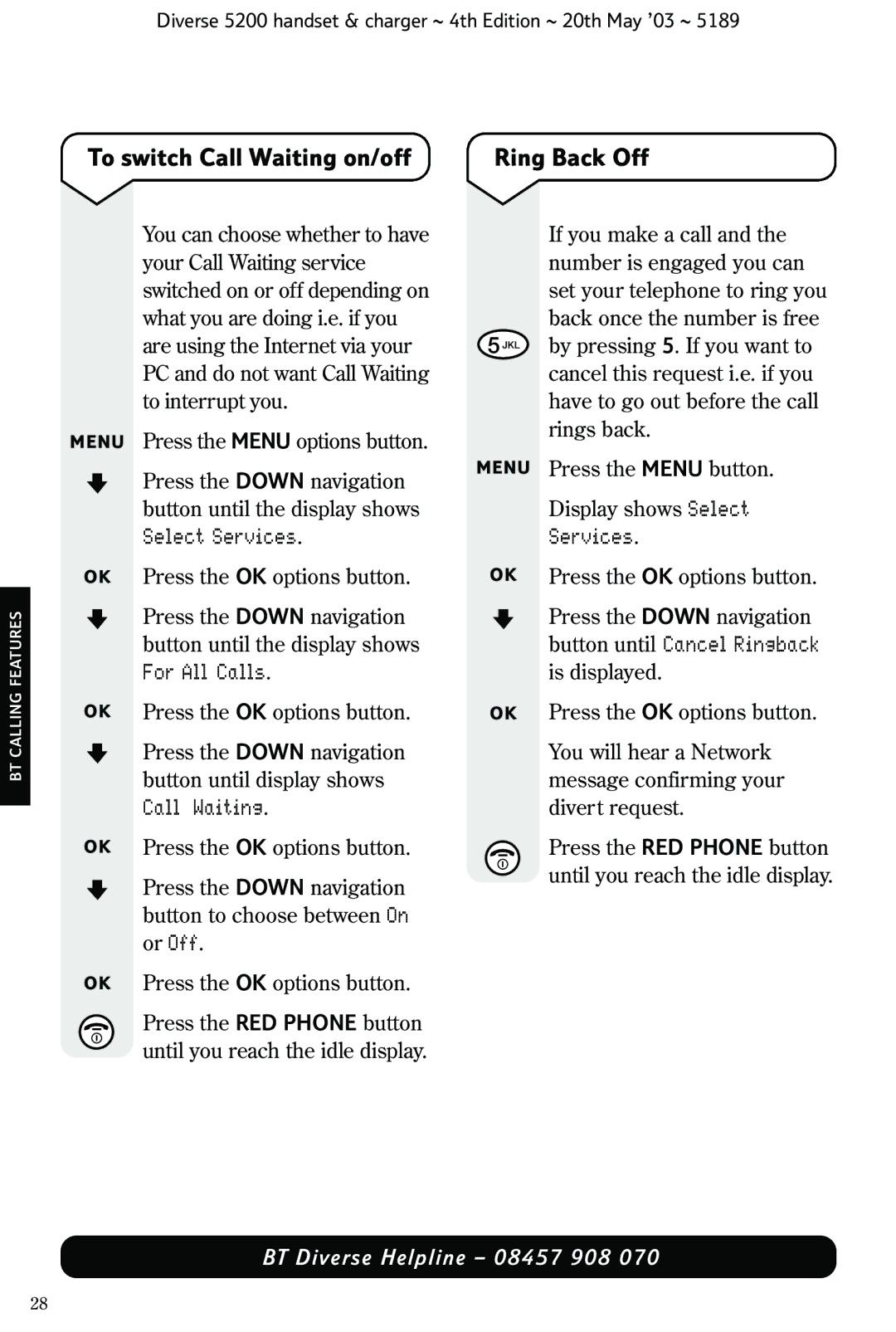 BT 5200 manual To switch Call Waiting on/off, Ring Back Off, Services 