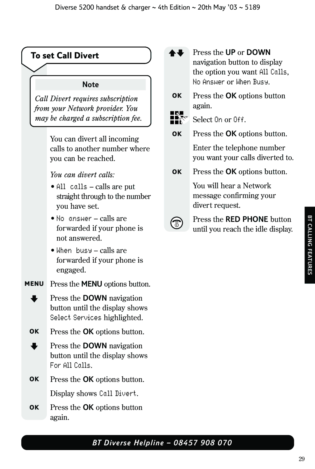 BT 5200 manual To set Call Divert, No Answer or When Busy, You can divert calls 