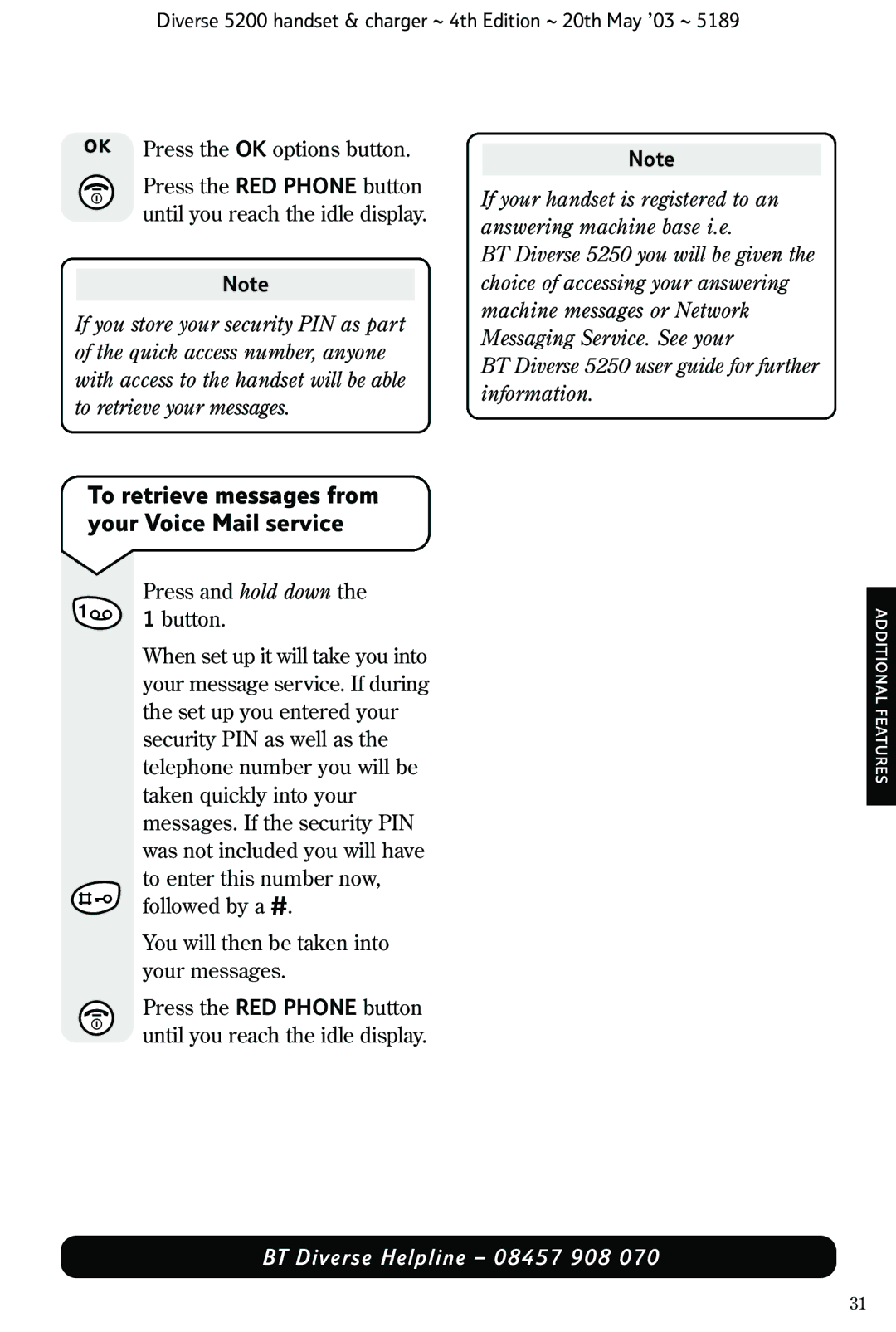 BT 5200 manual BT Diverse 5250 user guide for further information, Button 