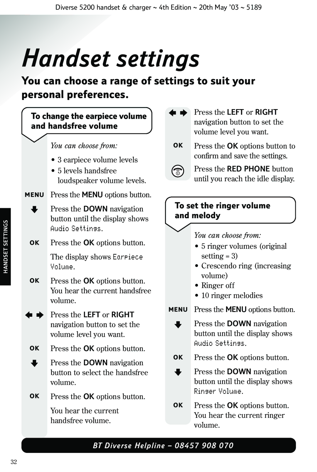 BT 5200 manual Handset settings, To set the ringer volume and melody, Volume, You can choose from 