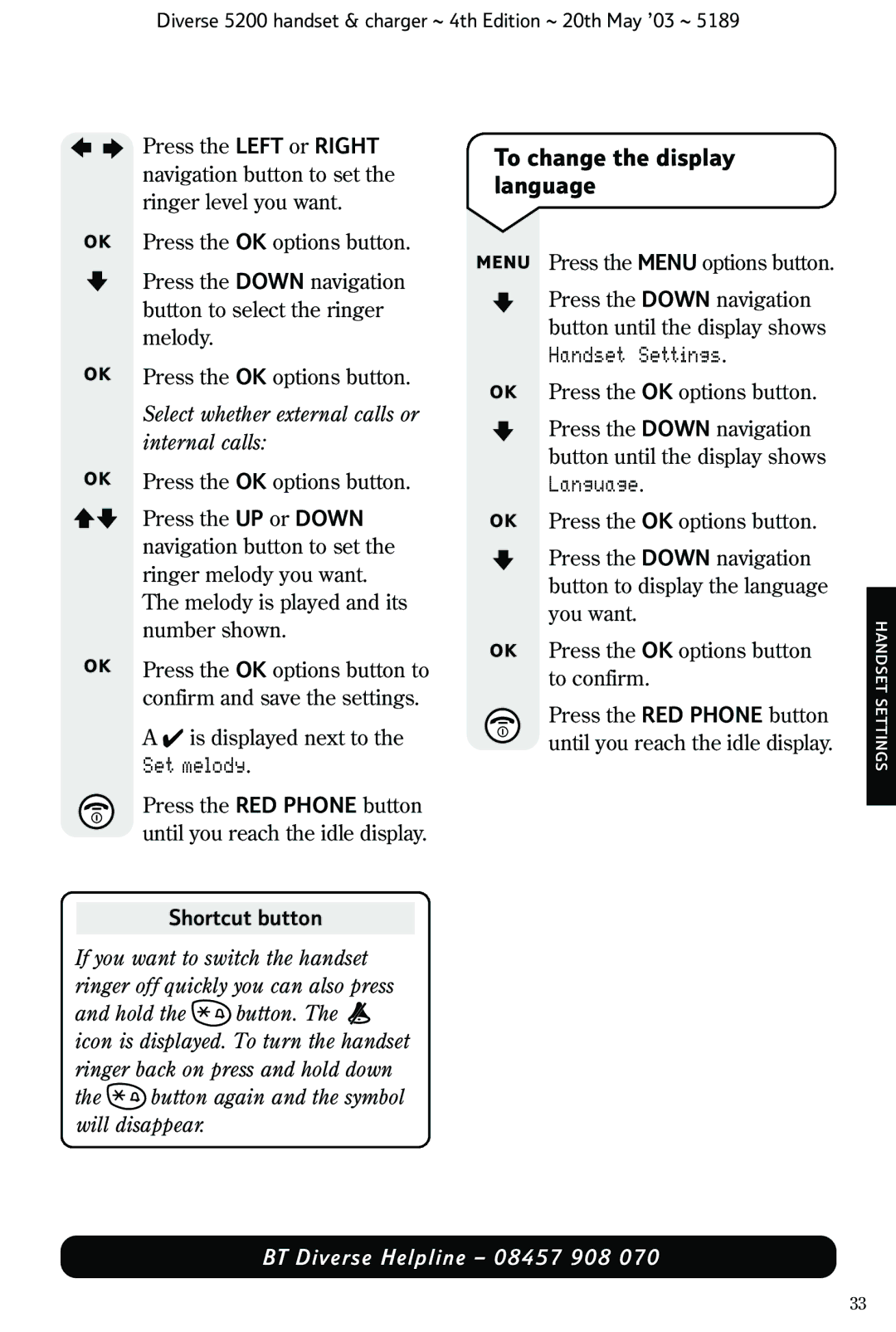 BT 5200 manual To change the display language, Set melody, Shortcut button 