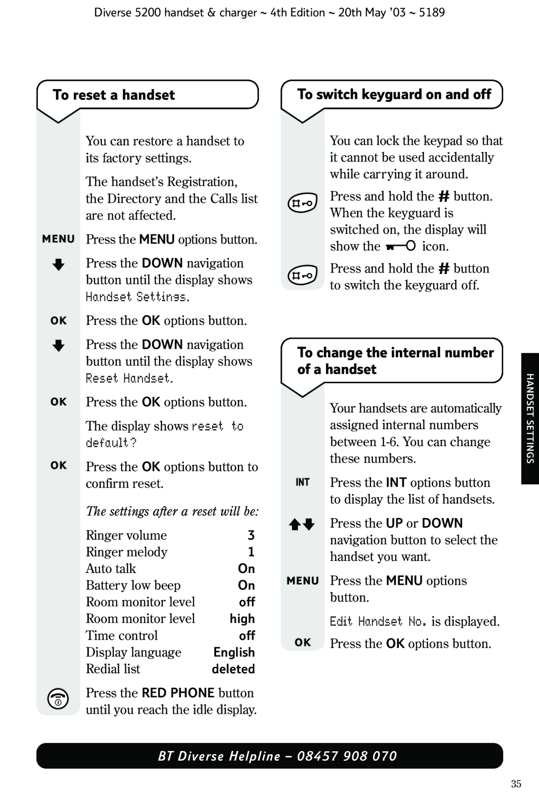 BT 5200 manual To reset a handset, To change the internal number of a handset, Default?, Edit Handset No. is displayed 