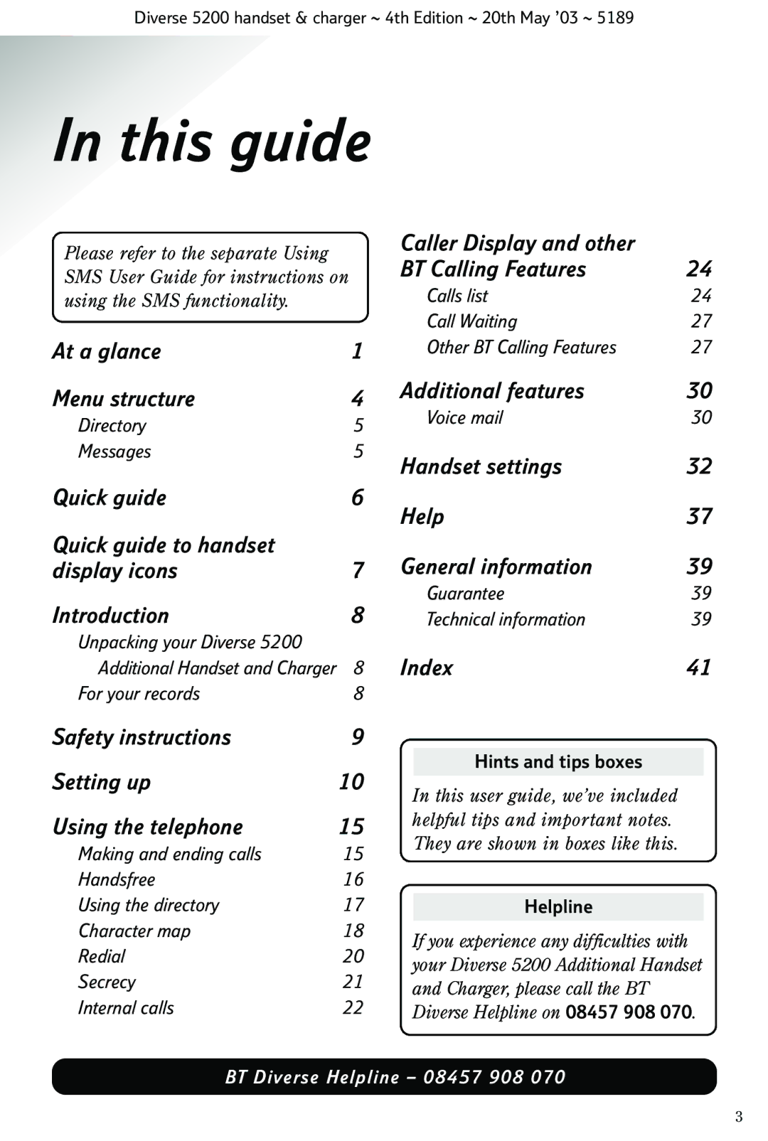 BT 5200 manual This guide, Hints and tips boxes, 17Helpline 