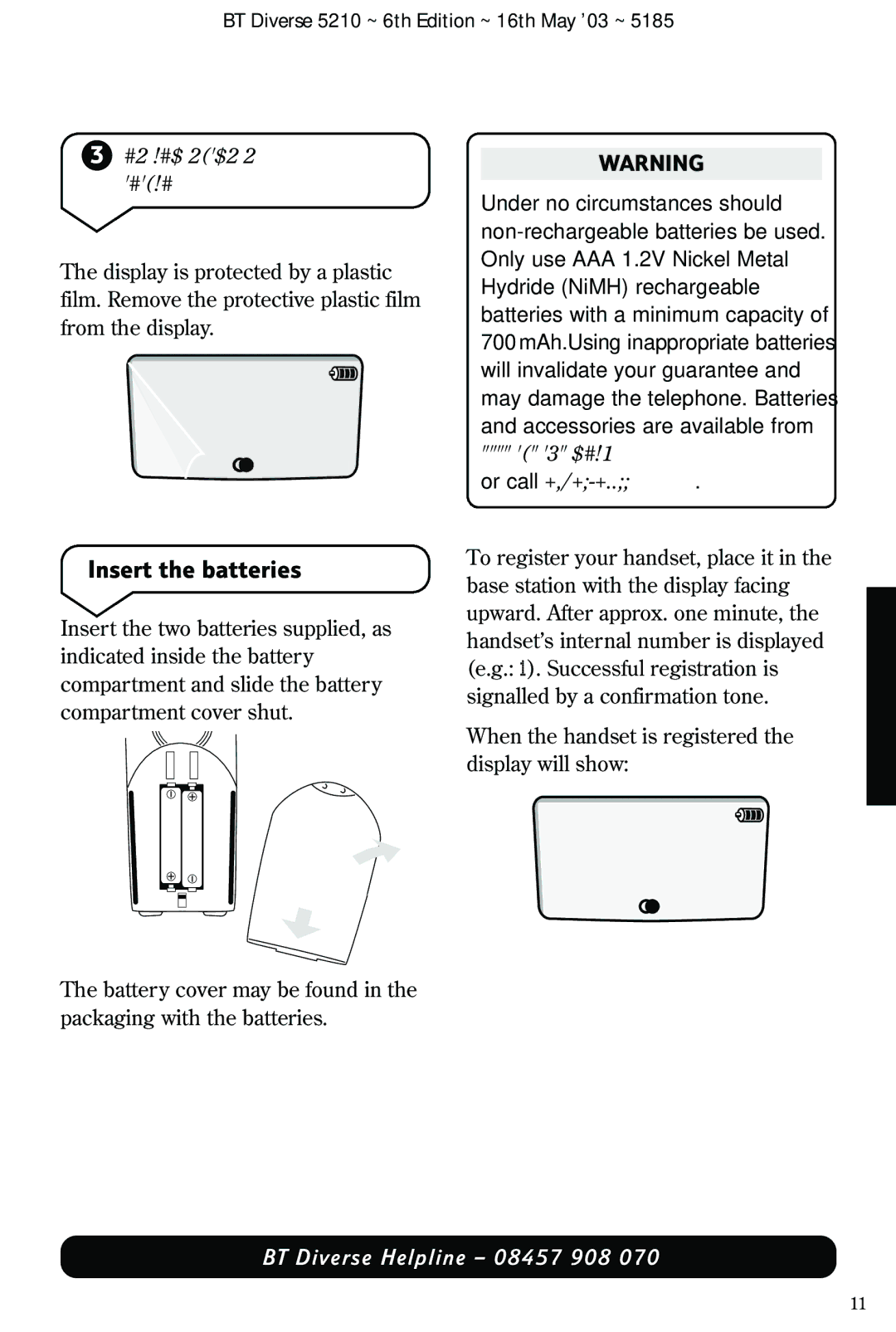 BT 5210 manual Insert the batteries, Registering and charging the handset 