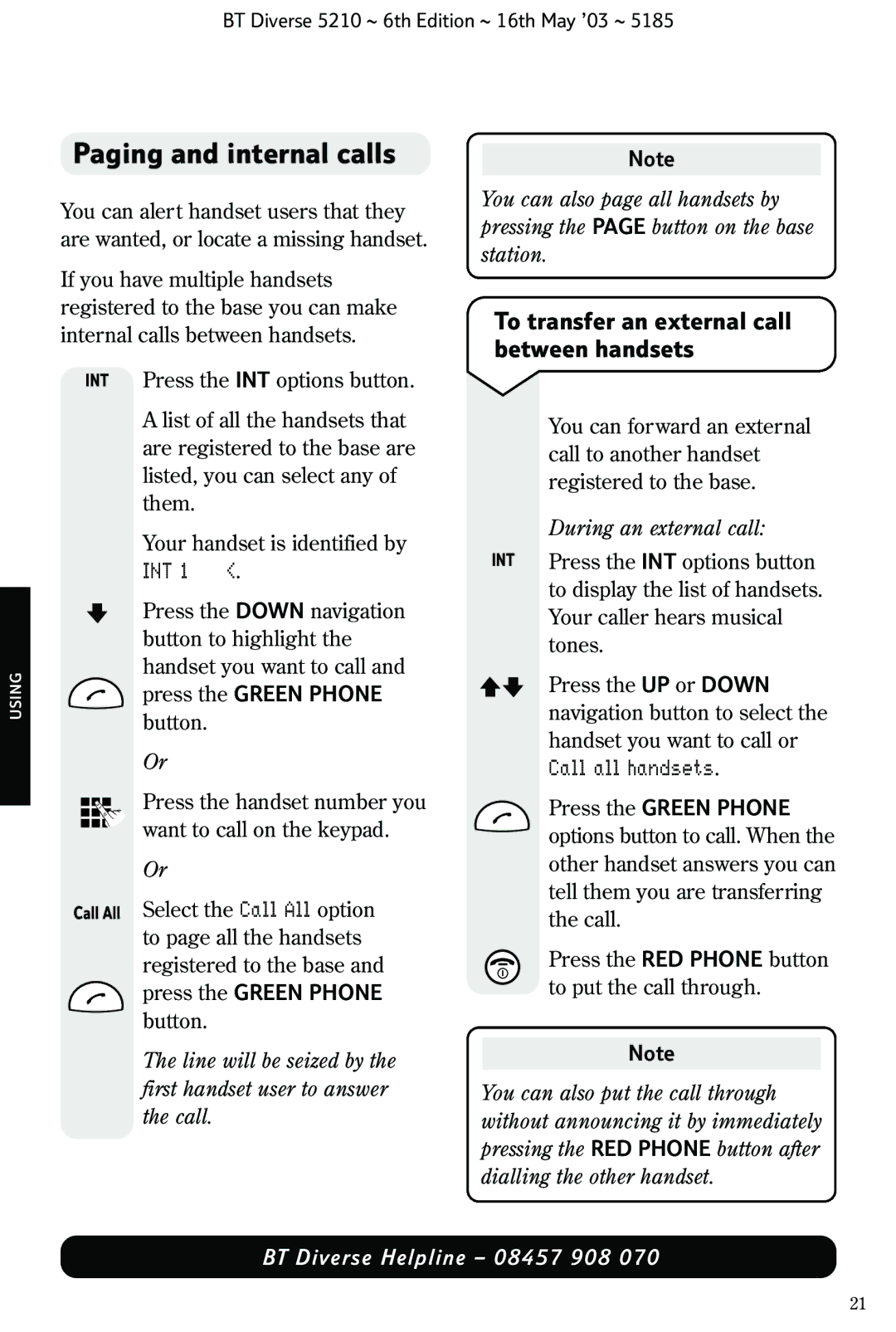 BT 5210 manual Paging and internal calls, To transfer an external call between handsets, During an external call 