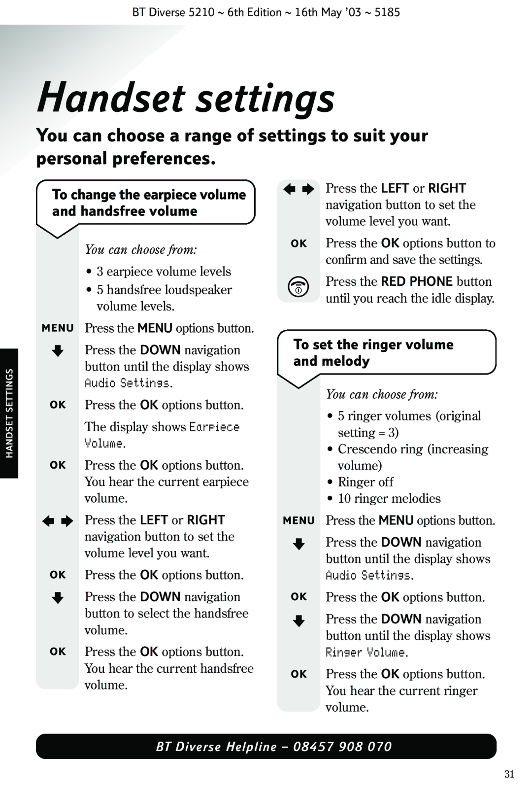 BT 5210 manual Handset settings, To set the ringer volume and melody, Audio Settings, You can choose from 