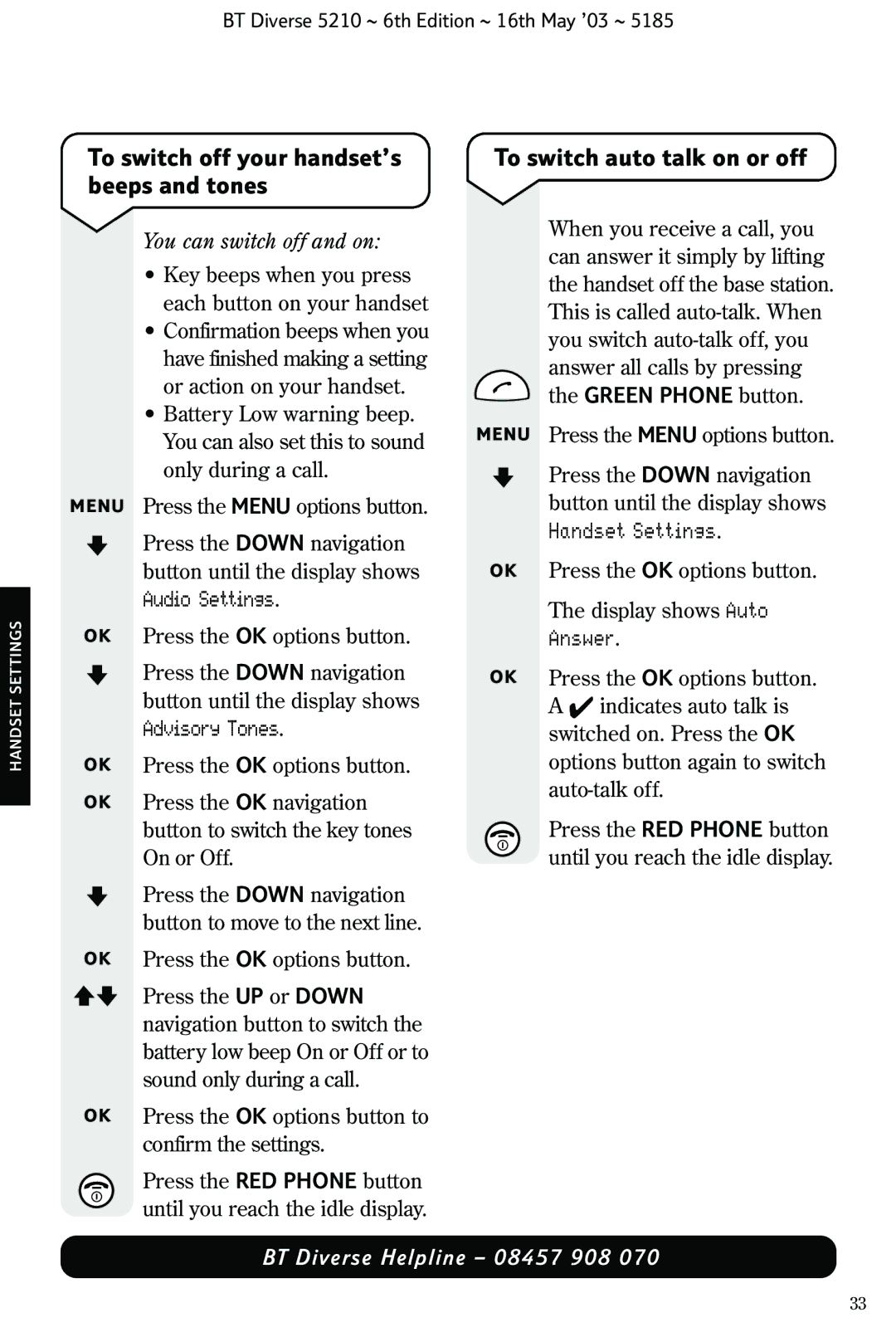 BT 5210 To switch off your handset’s beeps and tones, To switch auto talk on or off, Answer, You can switch off and on 