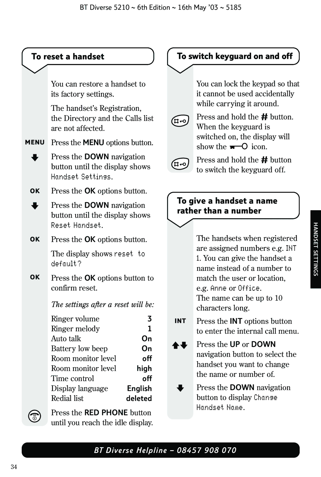 BT 5210 manual To reset a handset, Default? 