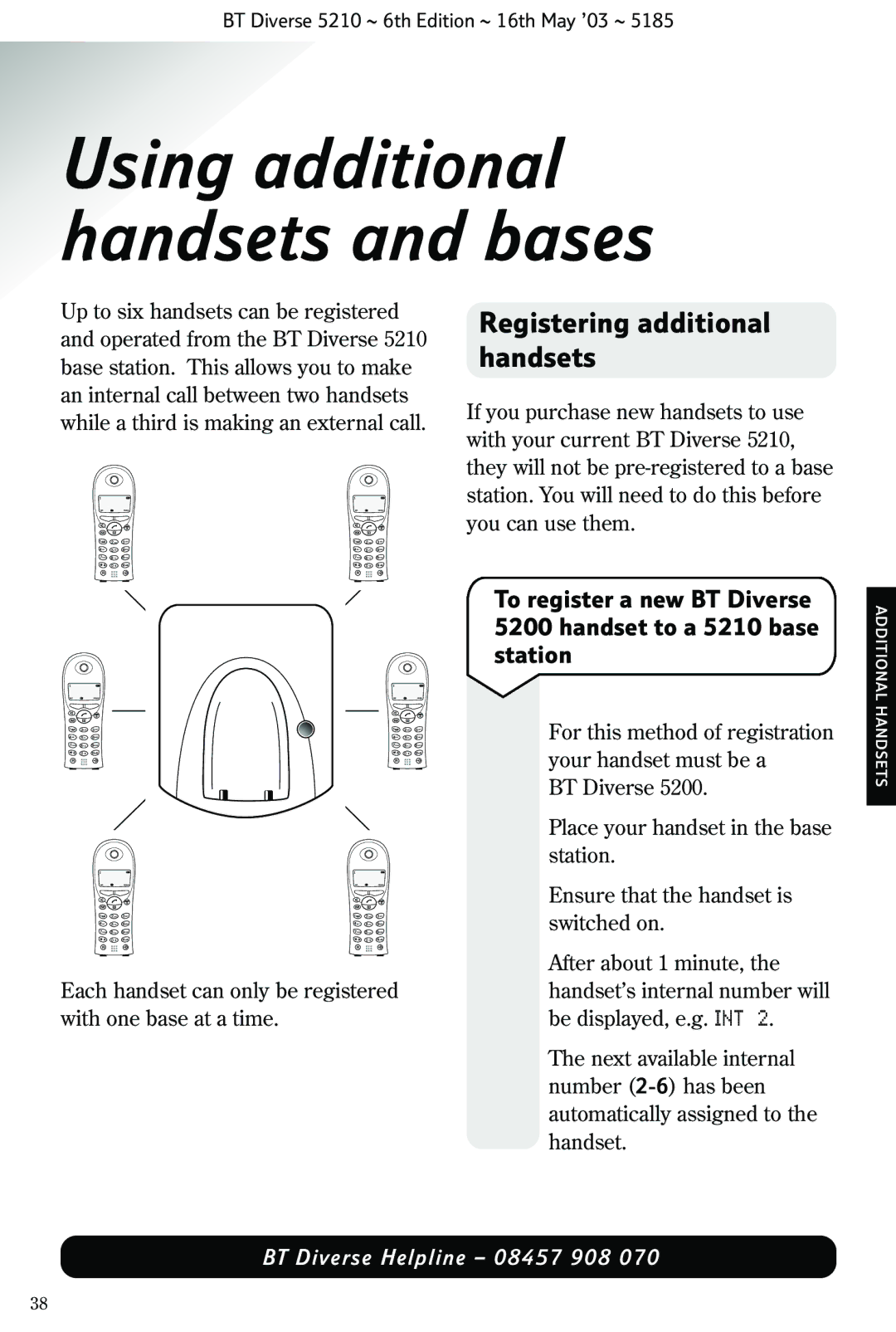 BT 5210 manual Using additional handsets and bases, Registering additional handsets 