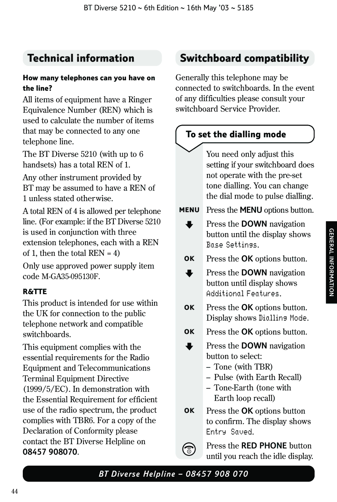 BT 5210 manual Technical information Switchboard compatibility, To set the dialling mode 