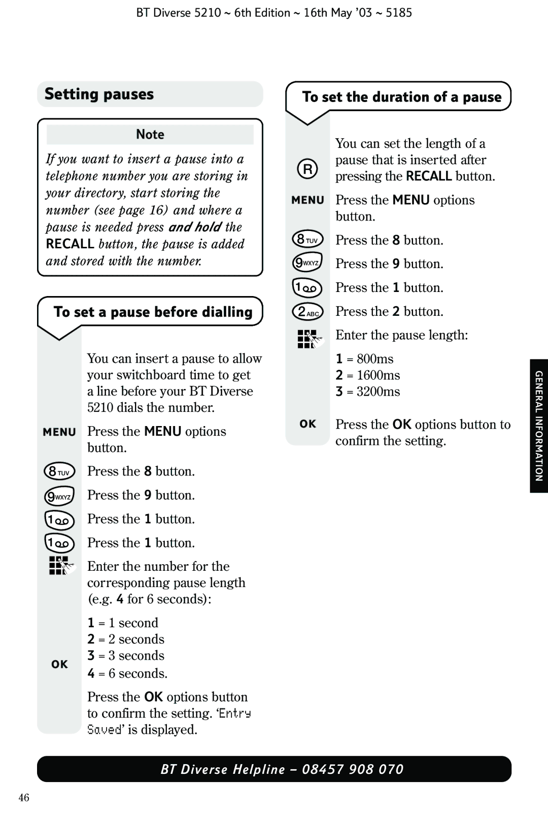 BT 5210 manual Setting pauses 