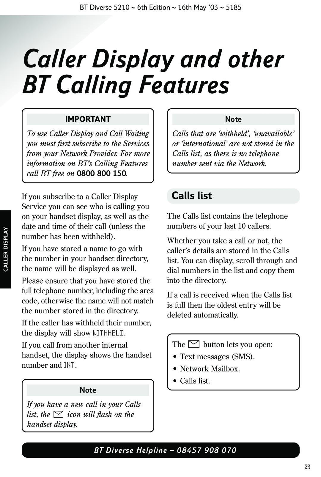 BT 5210 manual Calls list, Caller Display and other BT Calling Features, If you have a new call in your Calls 