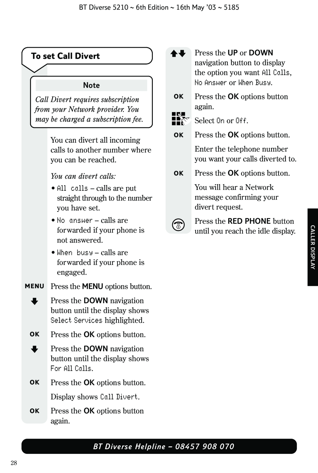BT 5210 manual To set Call Divert, No Answer or When Busy, You can divert calls, BT Diverse Helpline - 08457 
