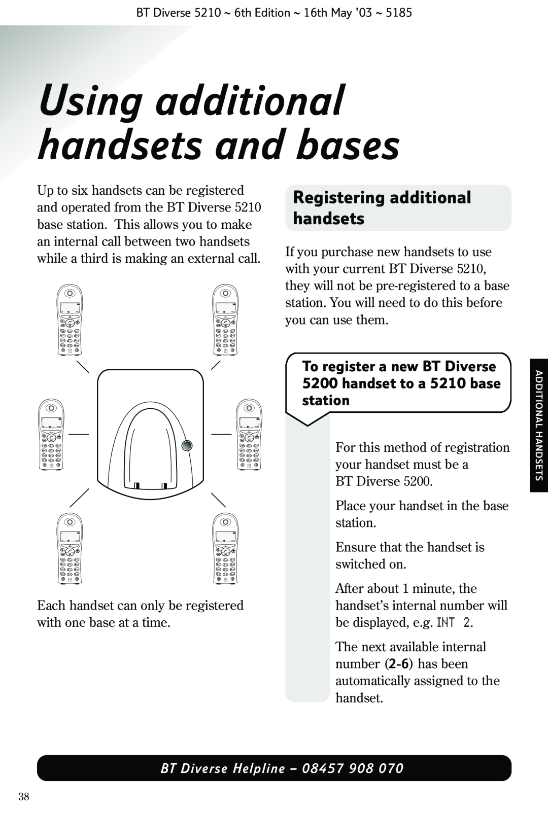 BT 5210 manual Registering additional handsets, Using additional handsets and bases, BT Diverse Helpline - 08457 