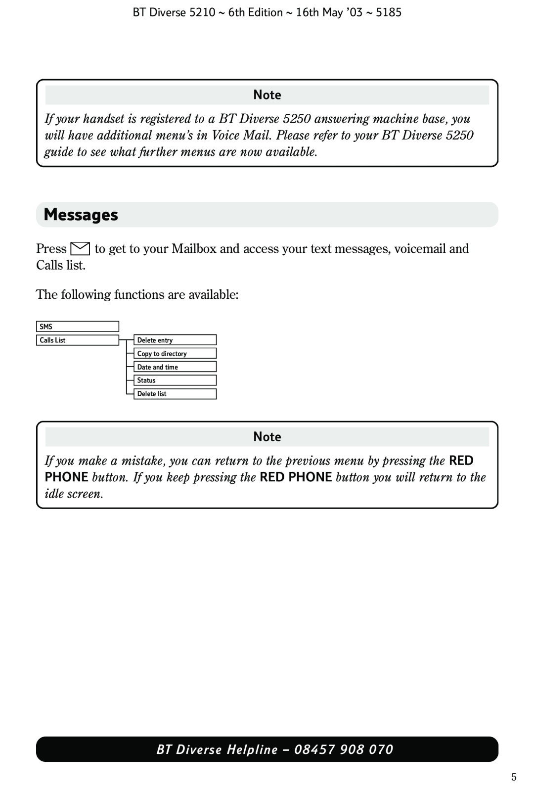 BT 5210 manual Messages, idle screen, BT Diverse Helpline - 08457 908 