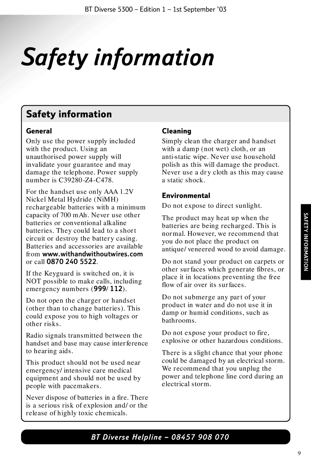 BT 5300 manual Safety information, General, Environmental 