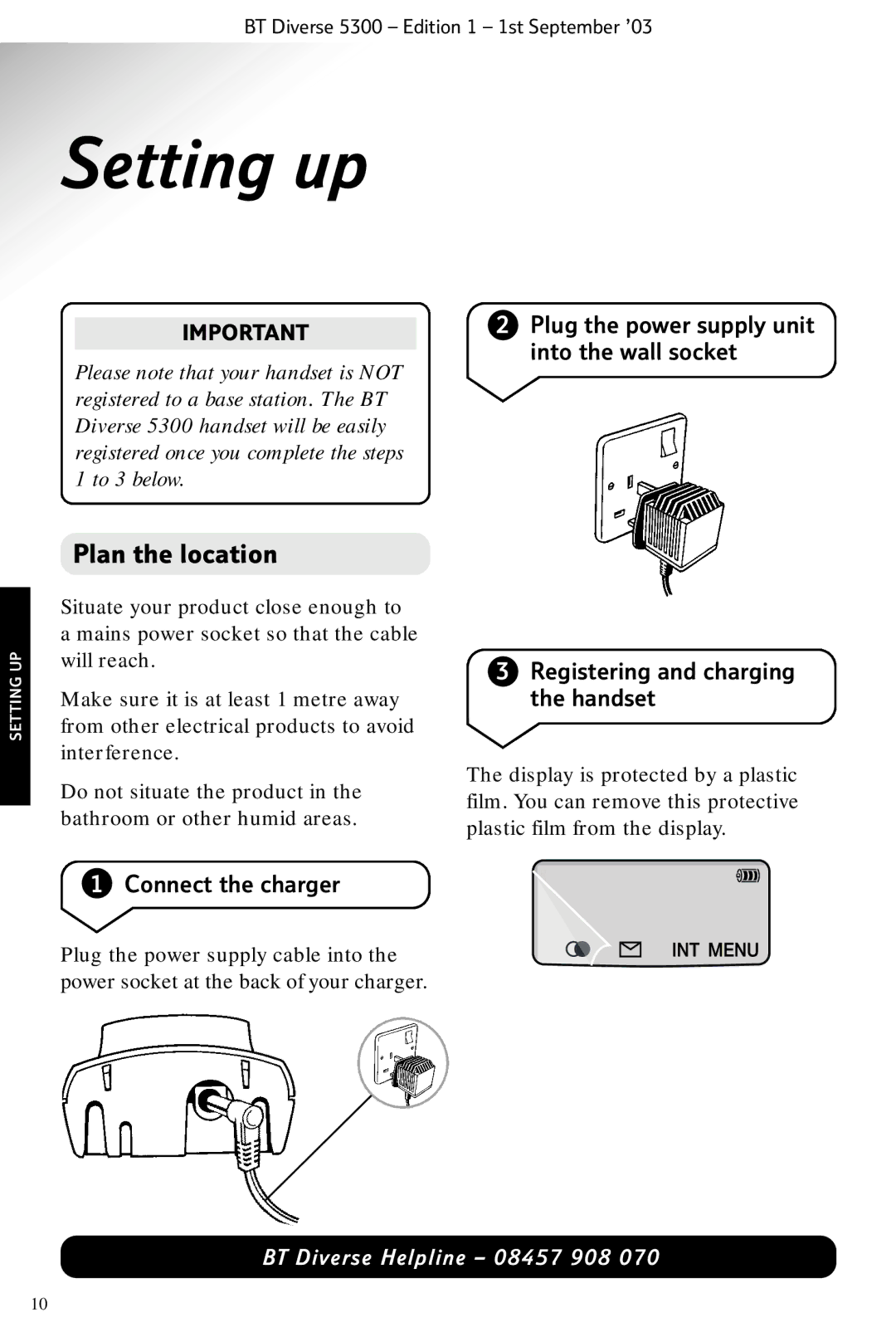 BT 5300 manual Setting up, Connect the charger 