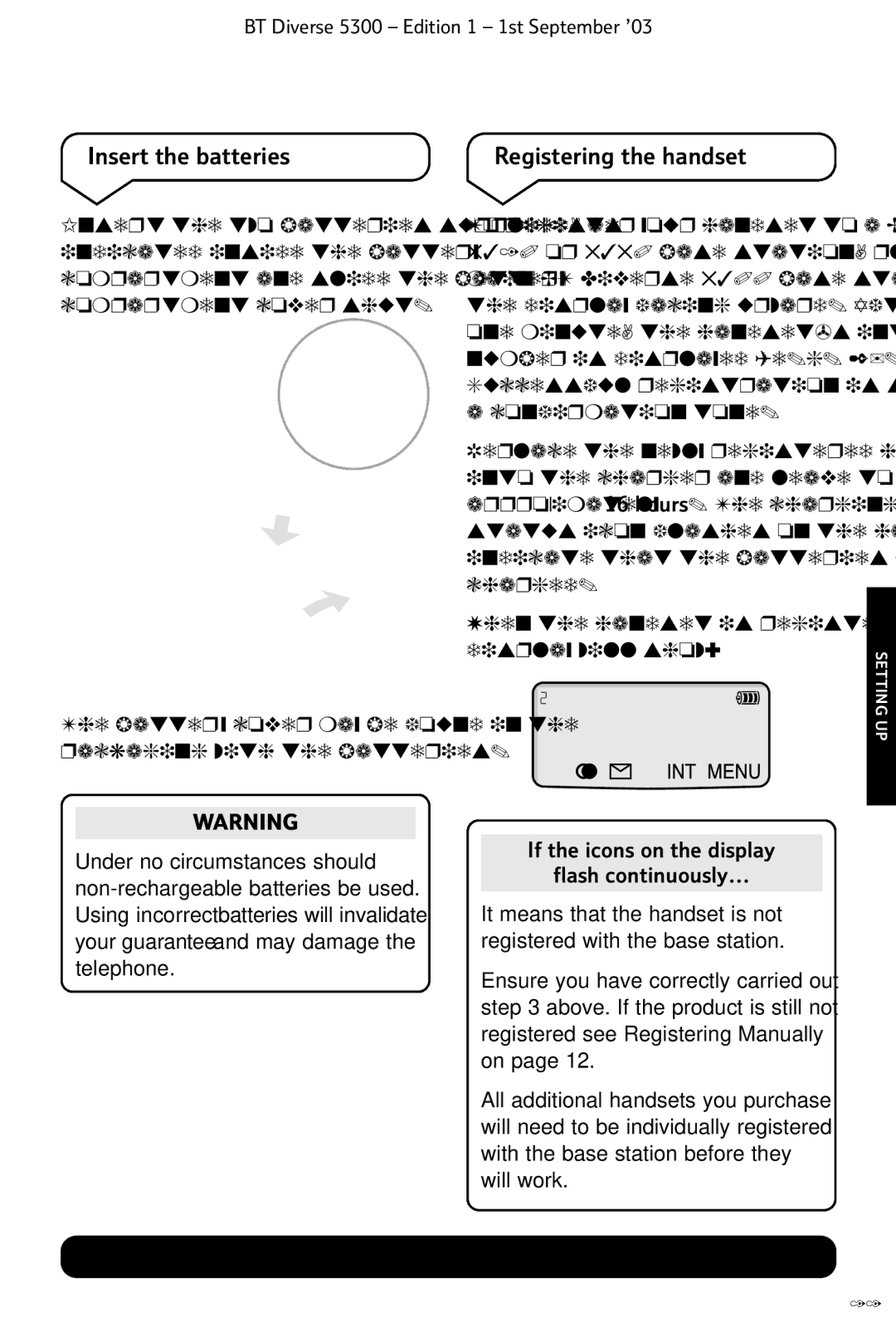BT 5300 manual Insert the batteries, Registering the handset, If the icons on the display Flash continuously 