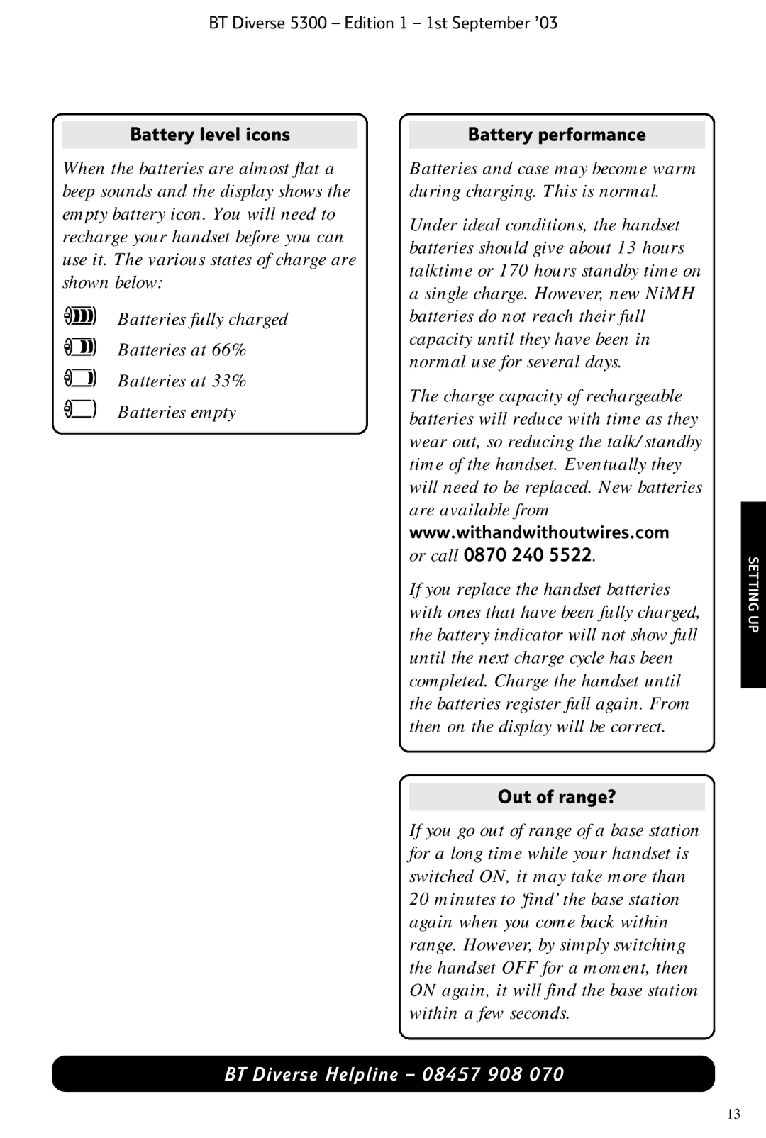 BT 5300 manual Battery level icons, Battery performance, Out of range? 