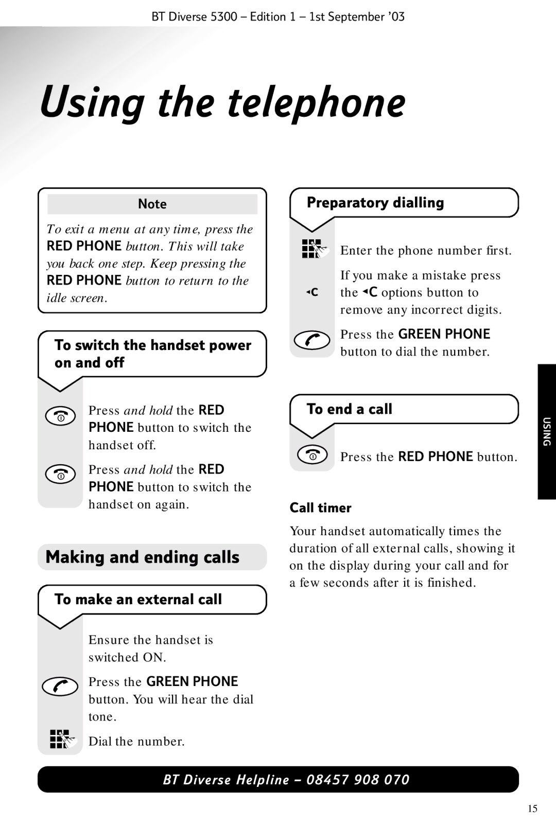 BT 5300 manual Using the telephone, Making and ending calls 