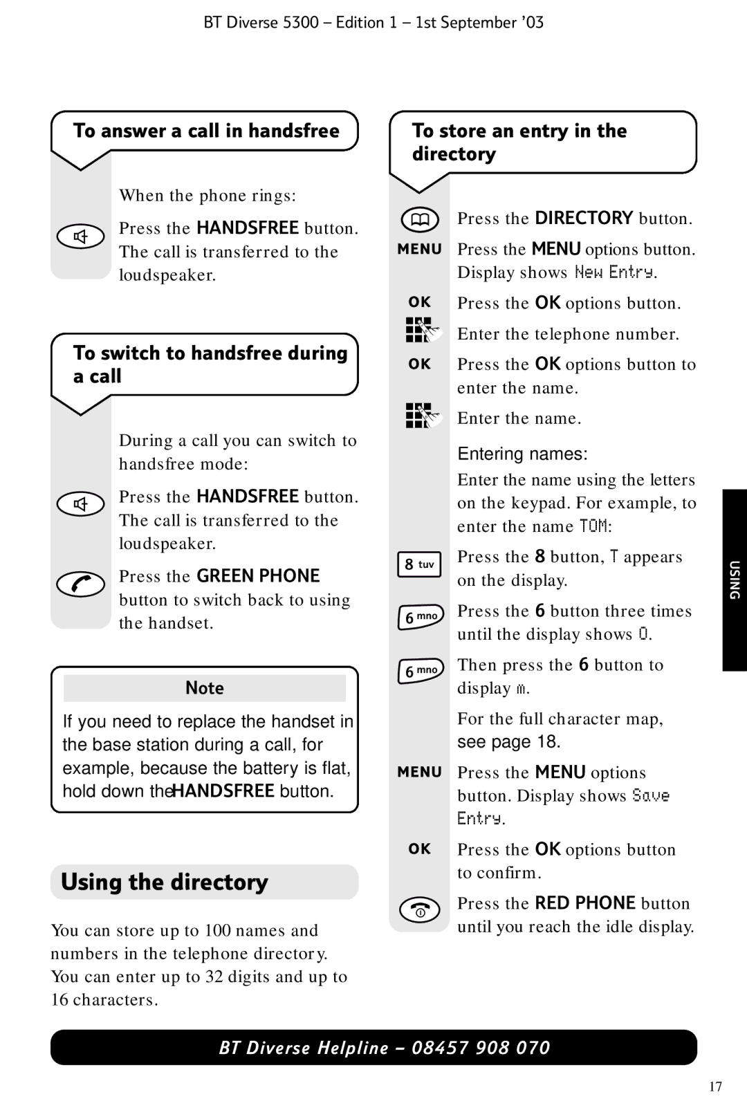 BT 5300 manual Using the directory, To switch to handsfree during a call, Entry 