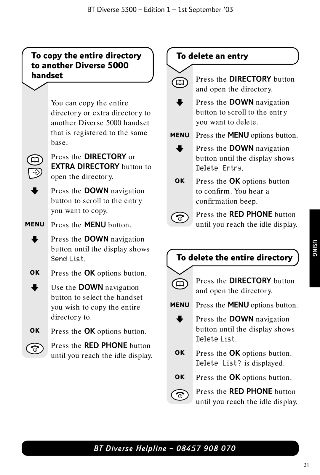 BT 5300 manual To delete an entry, To delete the entire directory 