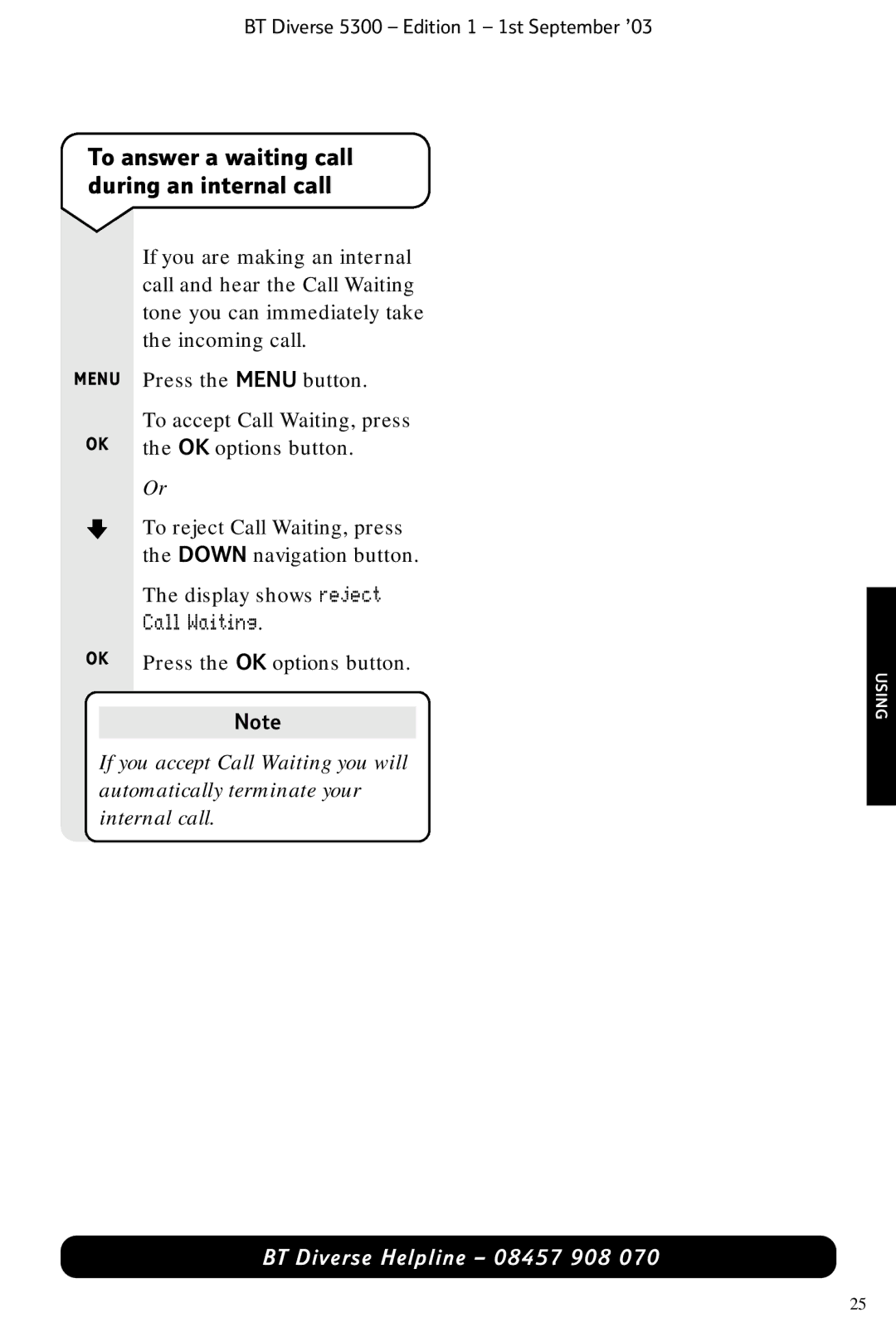 BT 5300 manual To answer a waiting call during an internal call, Call Waiting 