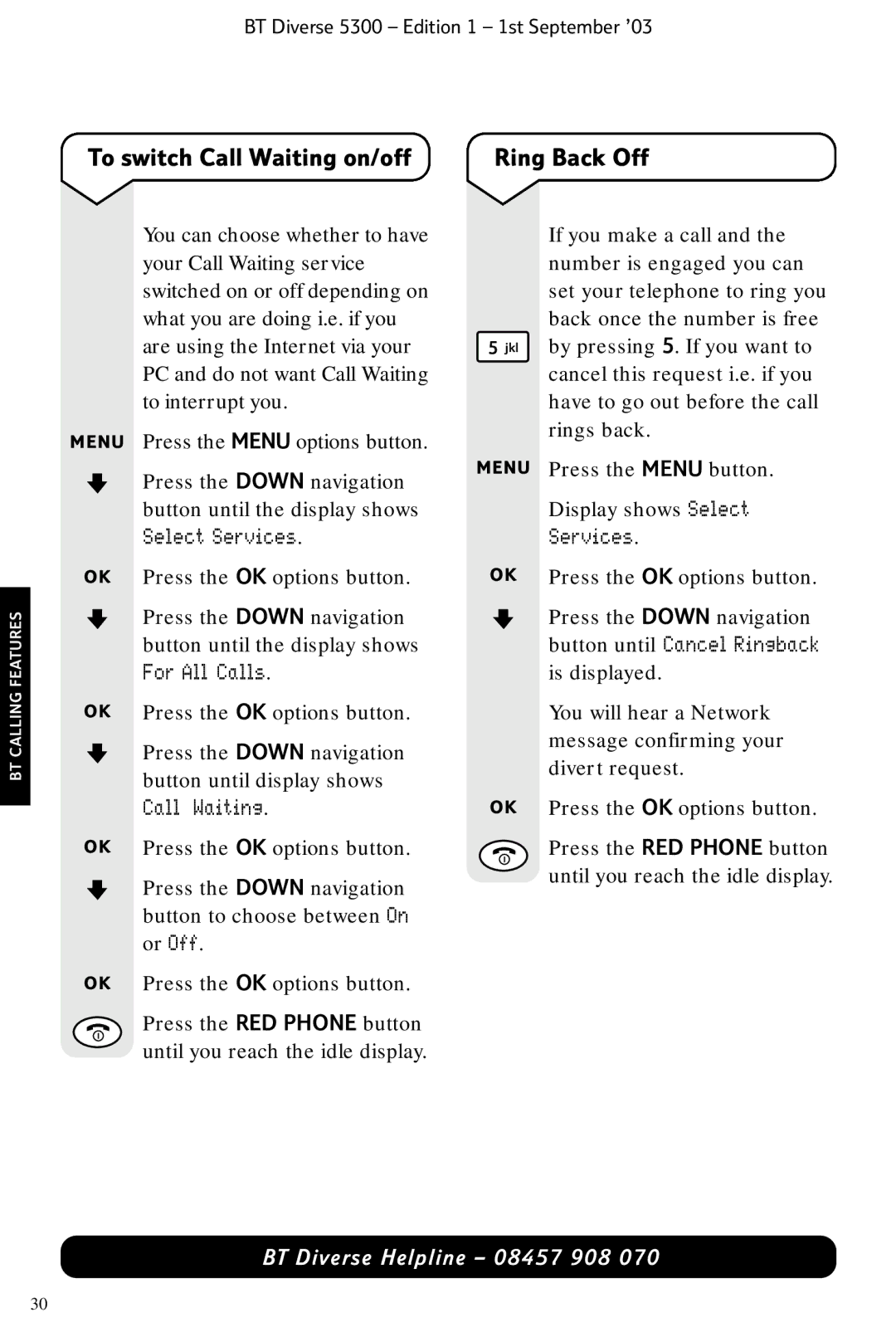 BT 5300 manual To switch Call Waiting on/off, Ring Back Off, Services 