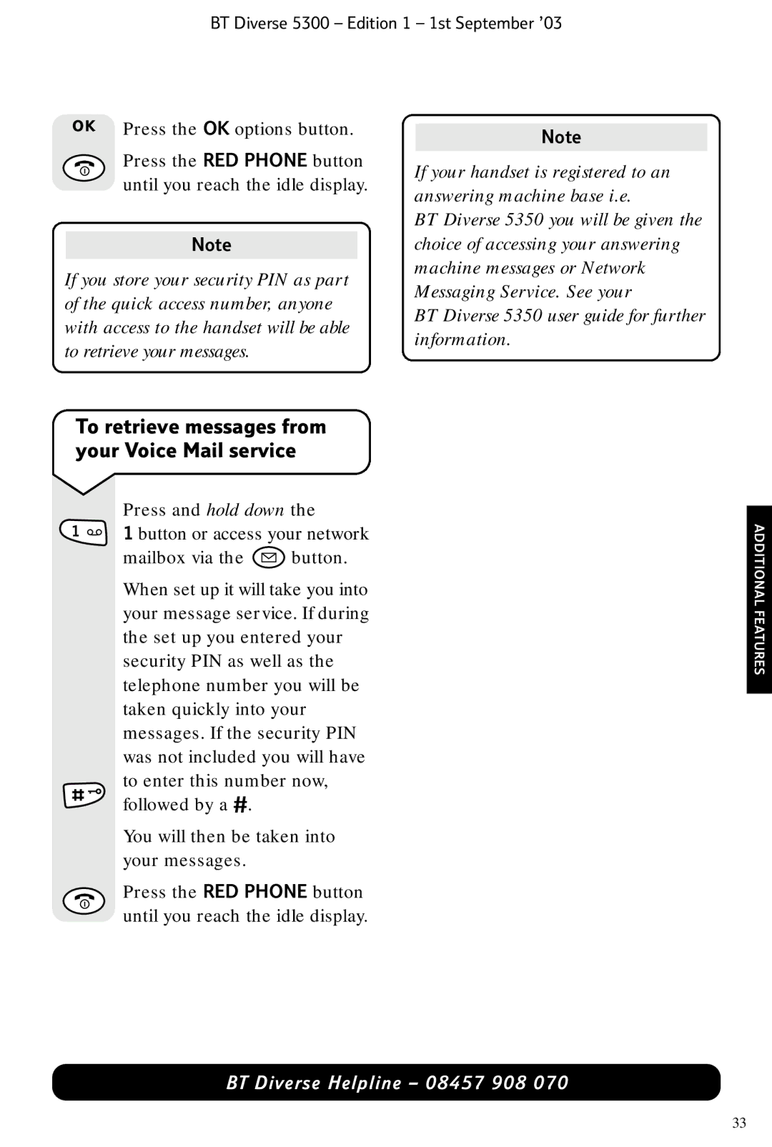 BT 5300 manual To retrieve messages from your Voice Mail service 