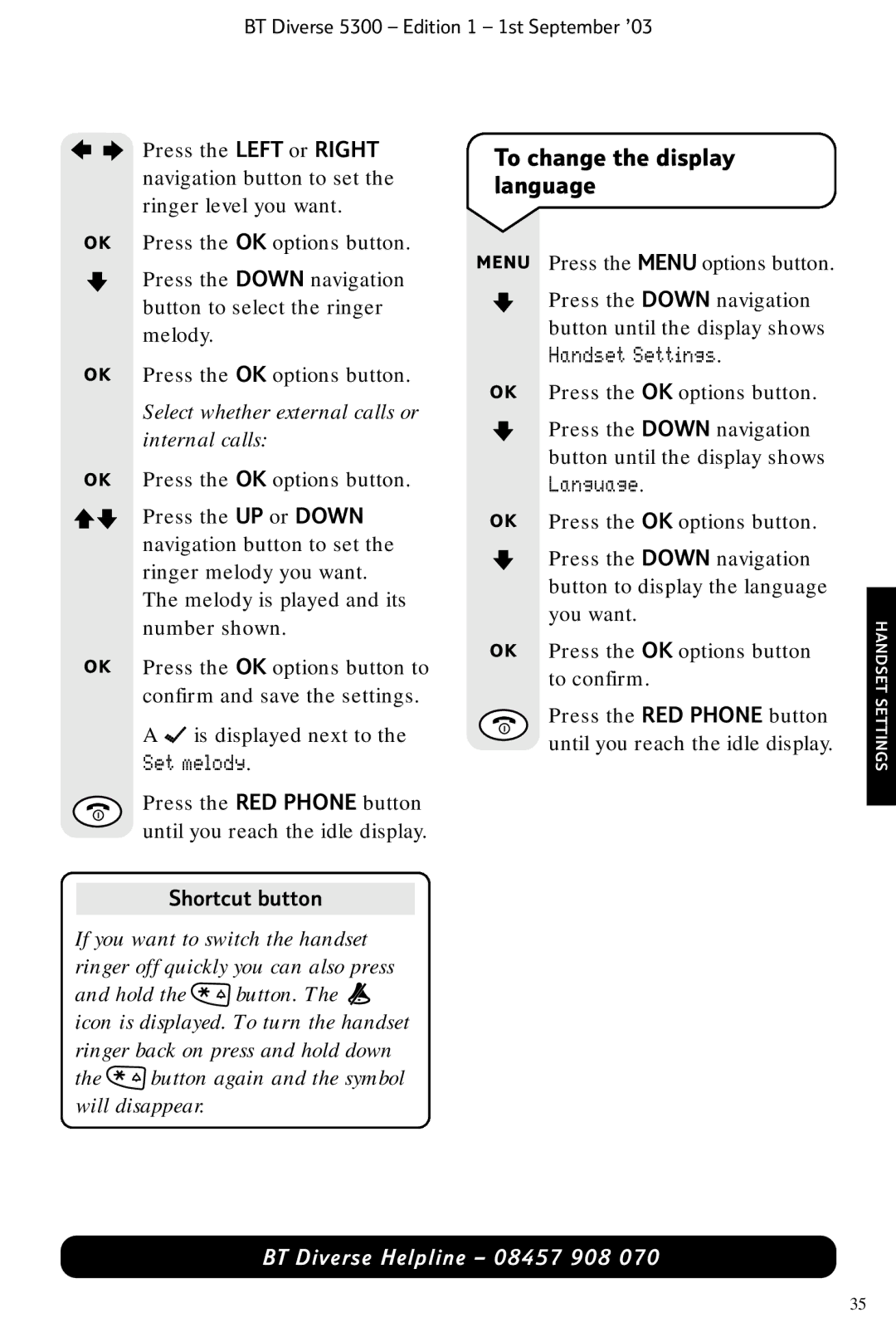 BT 5300 manual To change the display language, Select whether external calls or internal calls, Shortcut button 