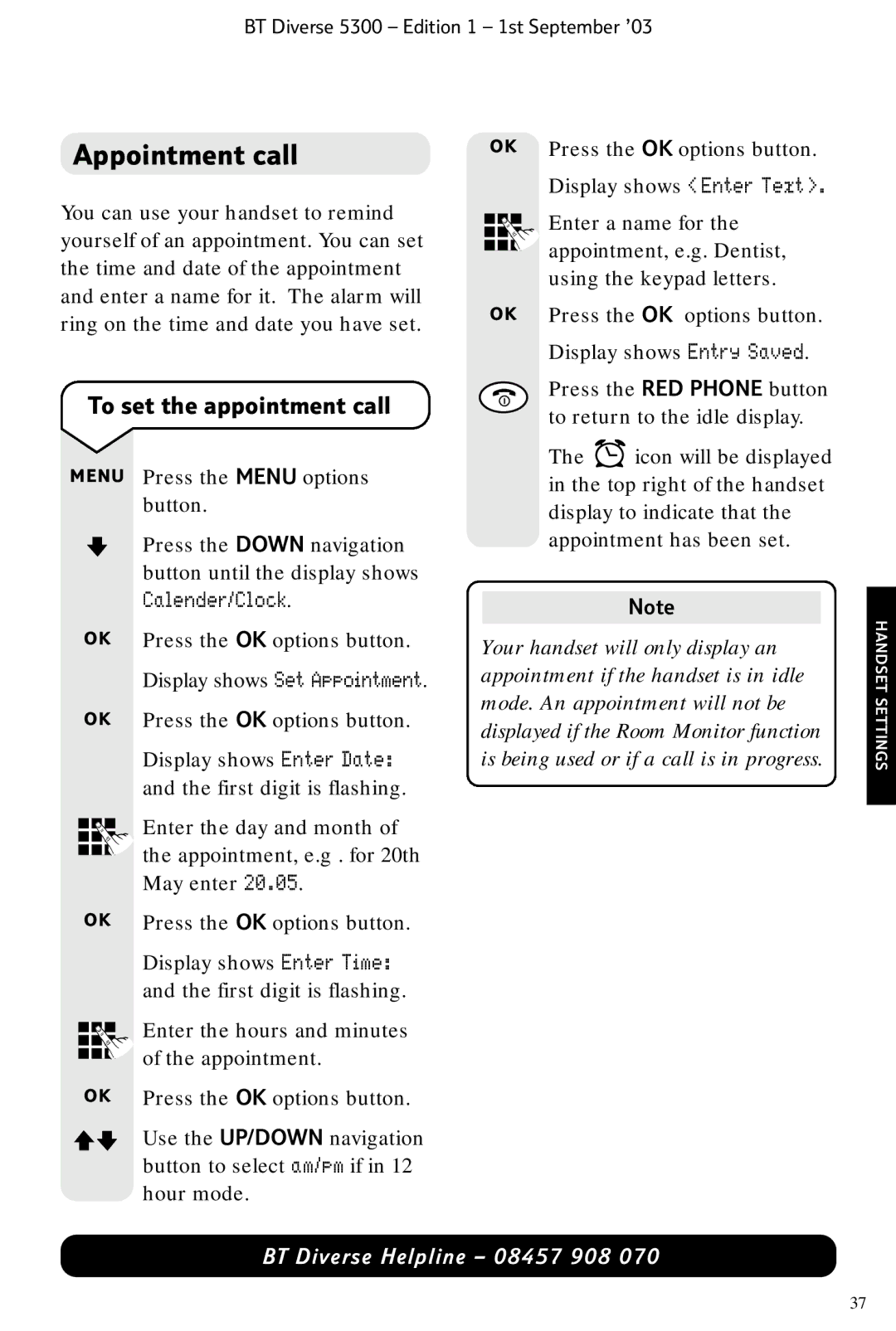 BT 5300 manual Appointment call, To set the appointment call, Display shows Enter Text 