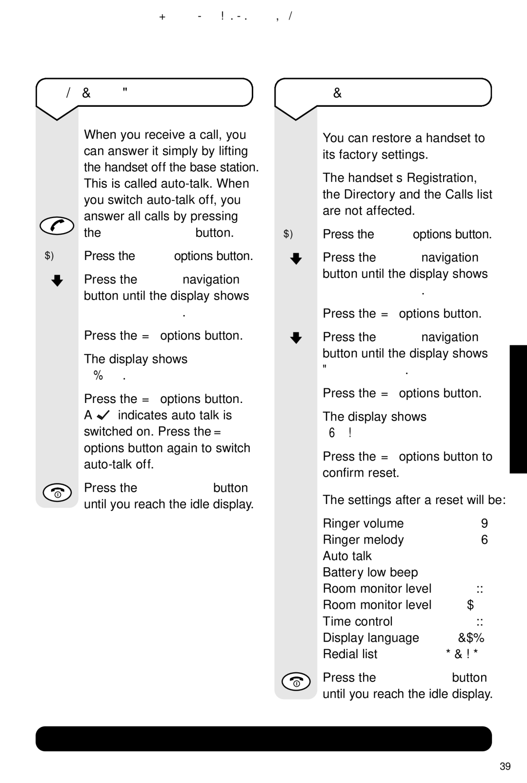 BT 5300 manual To switch auto talk on or off, To reset a handset, Answer, Default? 