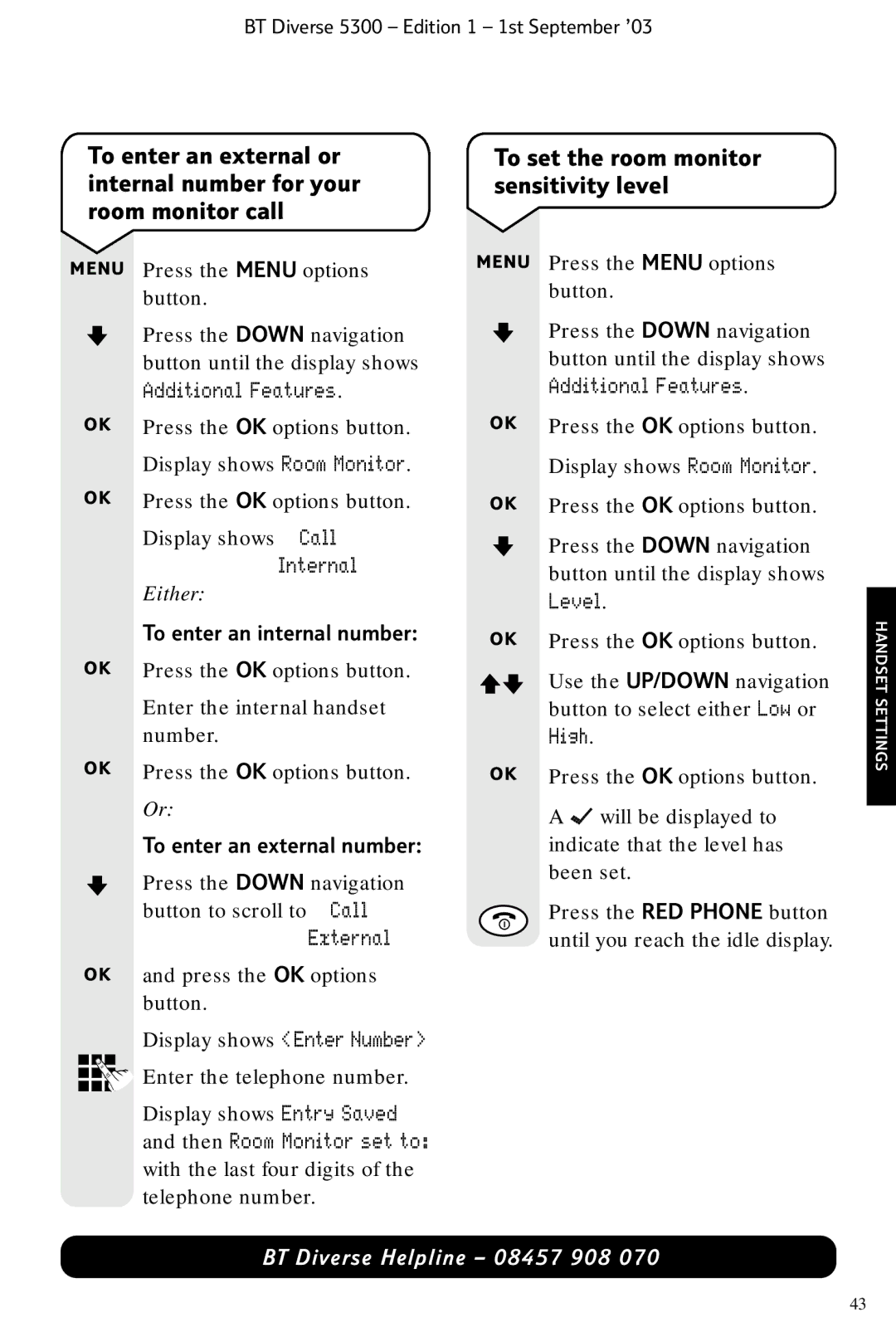 BT 5300 manual To set the room monitor sensitivity level 