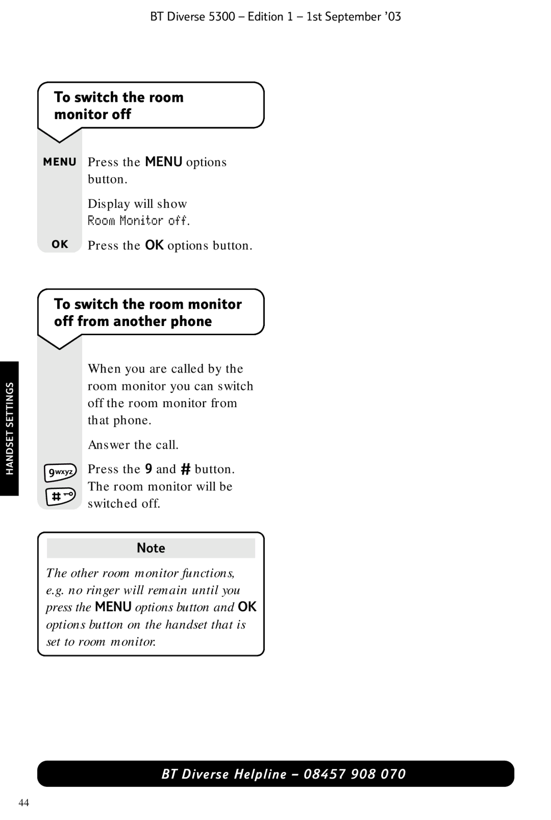 BT 5300 manual To switch the room monitor off from another phone, Room Monitor off 