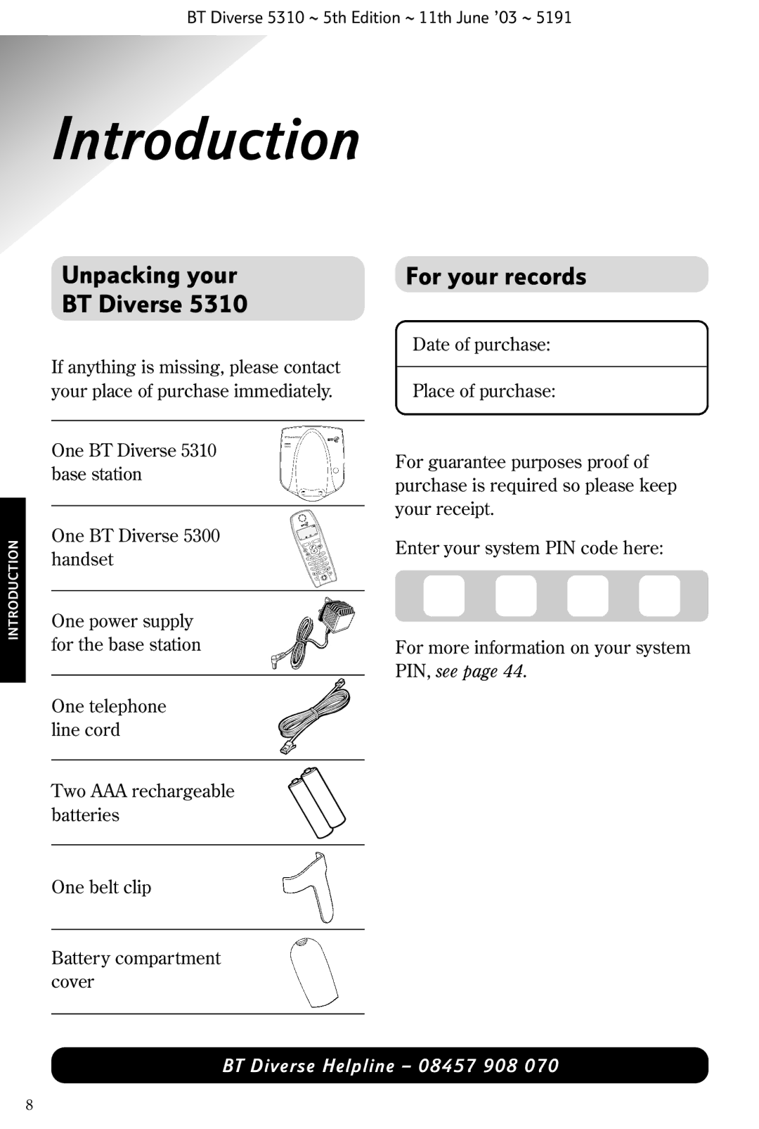 BT 5310 manual Introduction, Unpacking your BT Diverse, For your records 