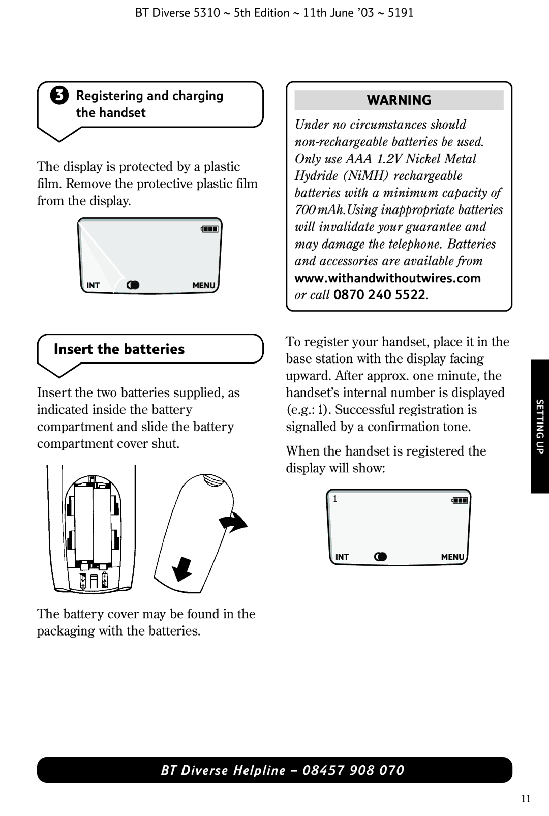 BT 5310 manual Insert the batteries, Registering and charging the handset 