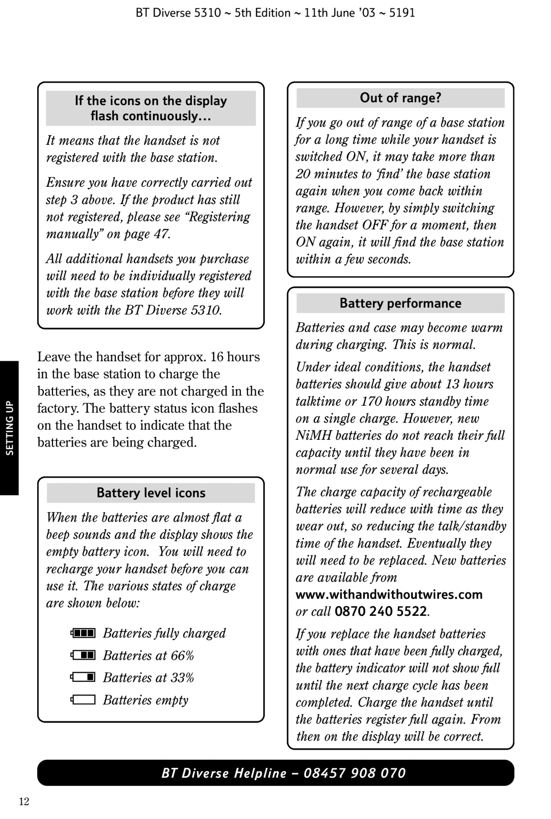 BT 5310 manual If the icons on the display Flash continuously, Battery level icons, Out of range?, Battery performance 