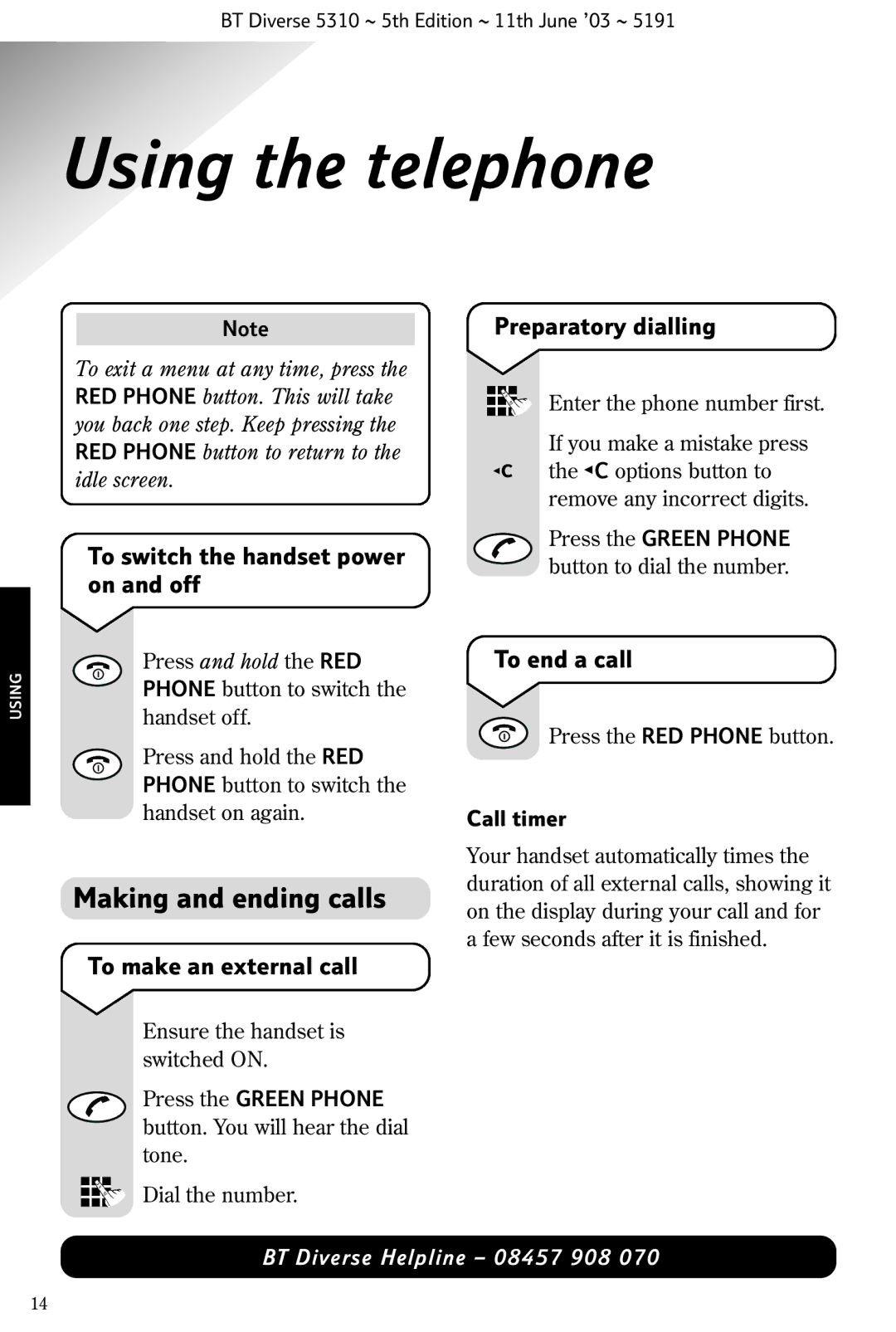 BT 5310 manual Using the telephone, Making and ending calls 