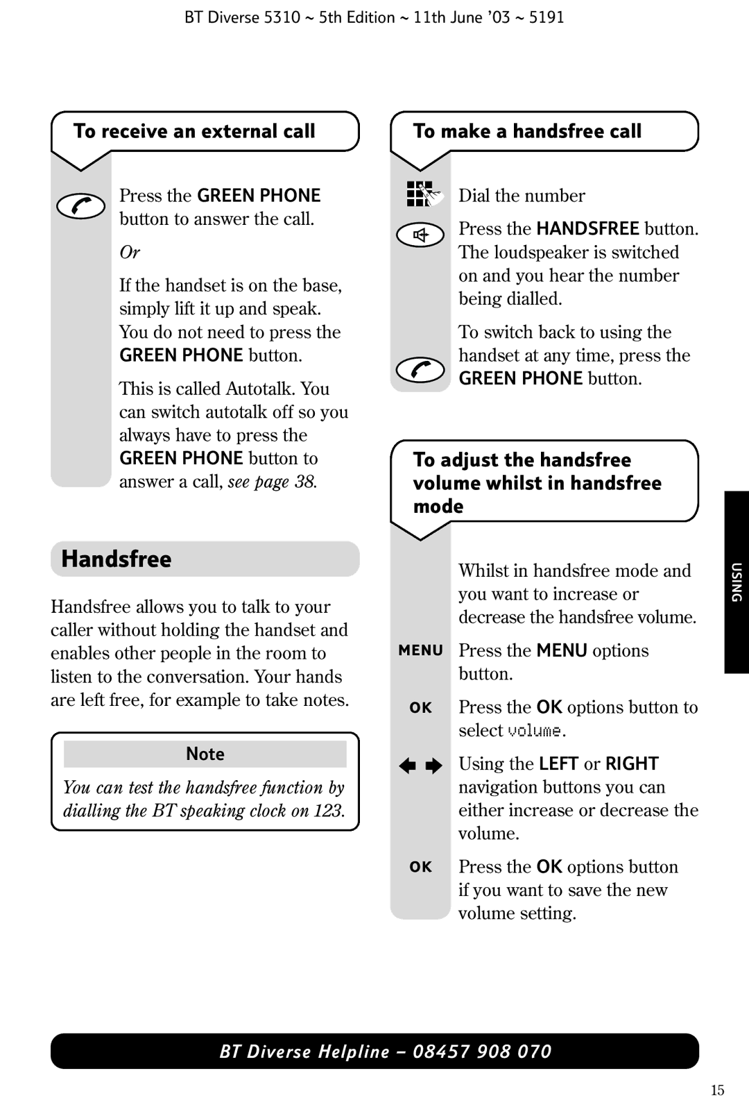 BT 5310 manual Handsfree, To receive an external call, To make a handsfree call 