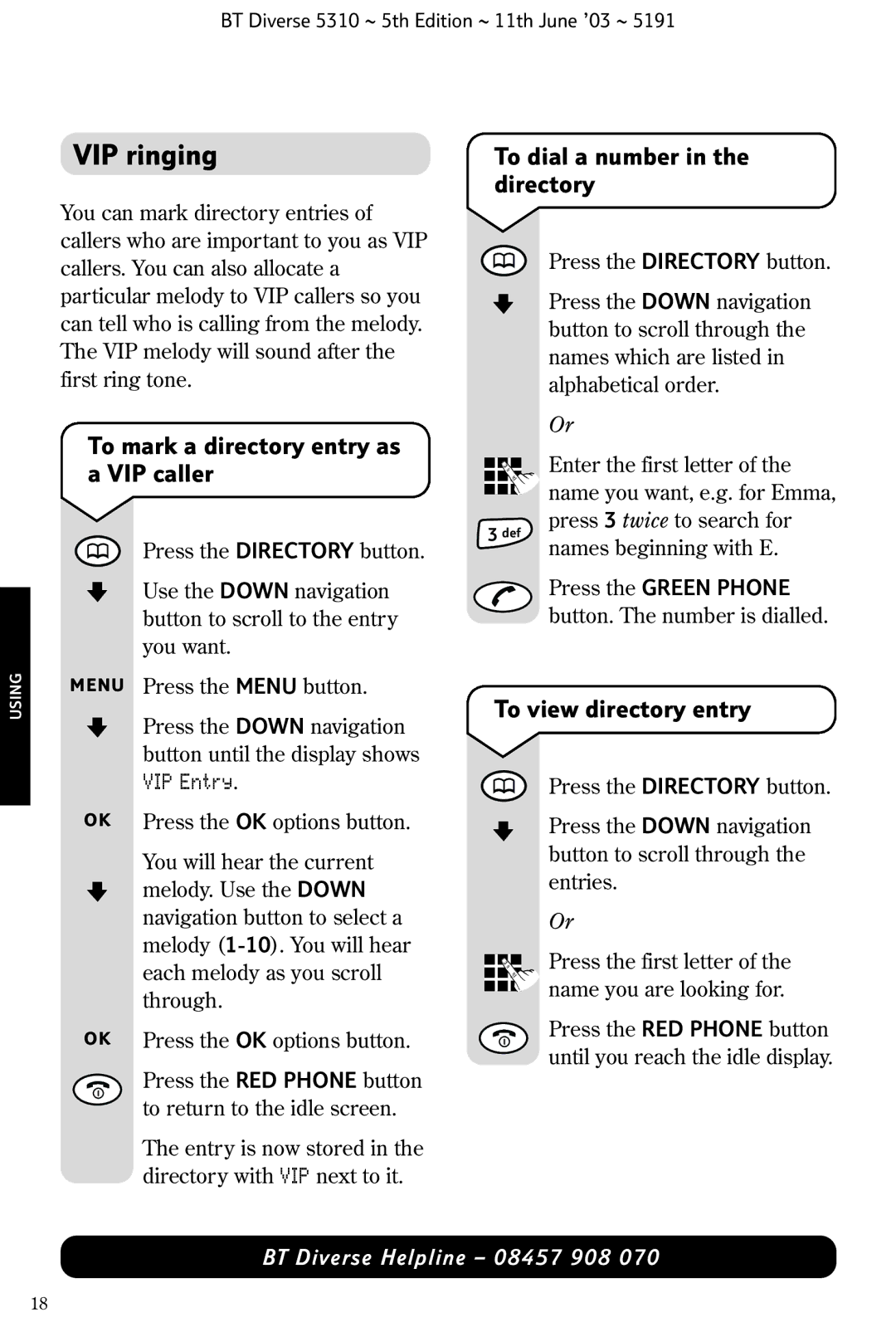 BT 5310 VIP ringing, To mark a directory entry as a VIP caller, To dial a number in the directory, To view directory entry 