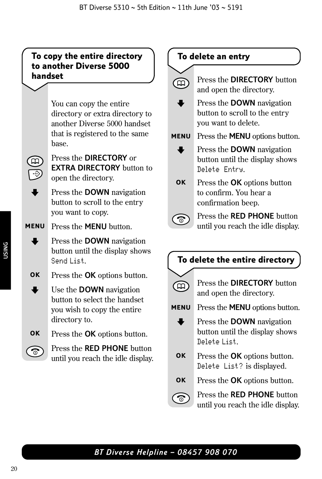 BT 5310 manual To delete an entry, To delete the entire directory 