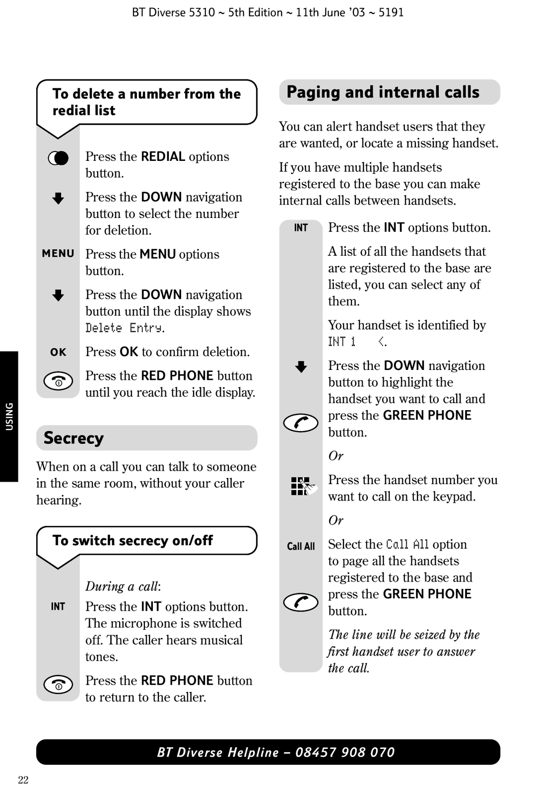 BT 5310 manual Secrecy, Paging and internal calls, To delete a number from the redial list, To switch secrecy on/off 