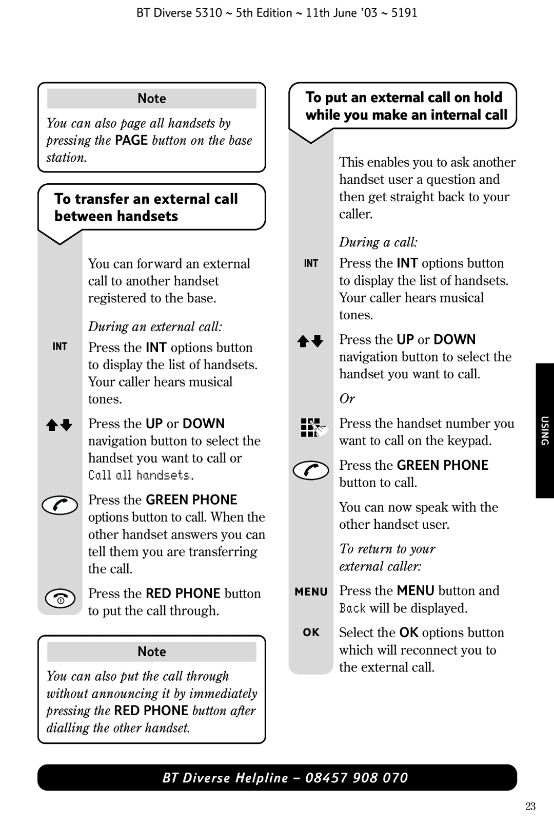 BT 5310 manual To transfer an external call between handsets, During an external call, To return to your external caller 