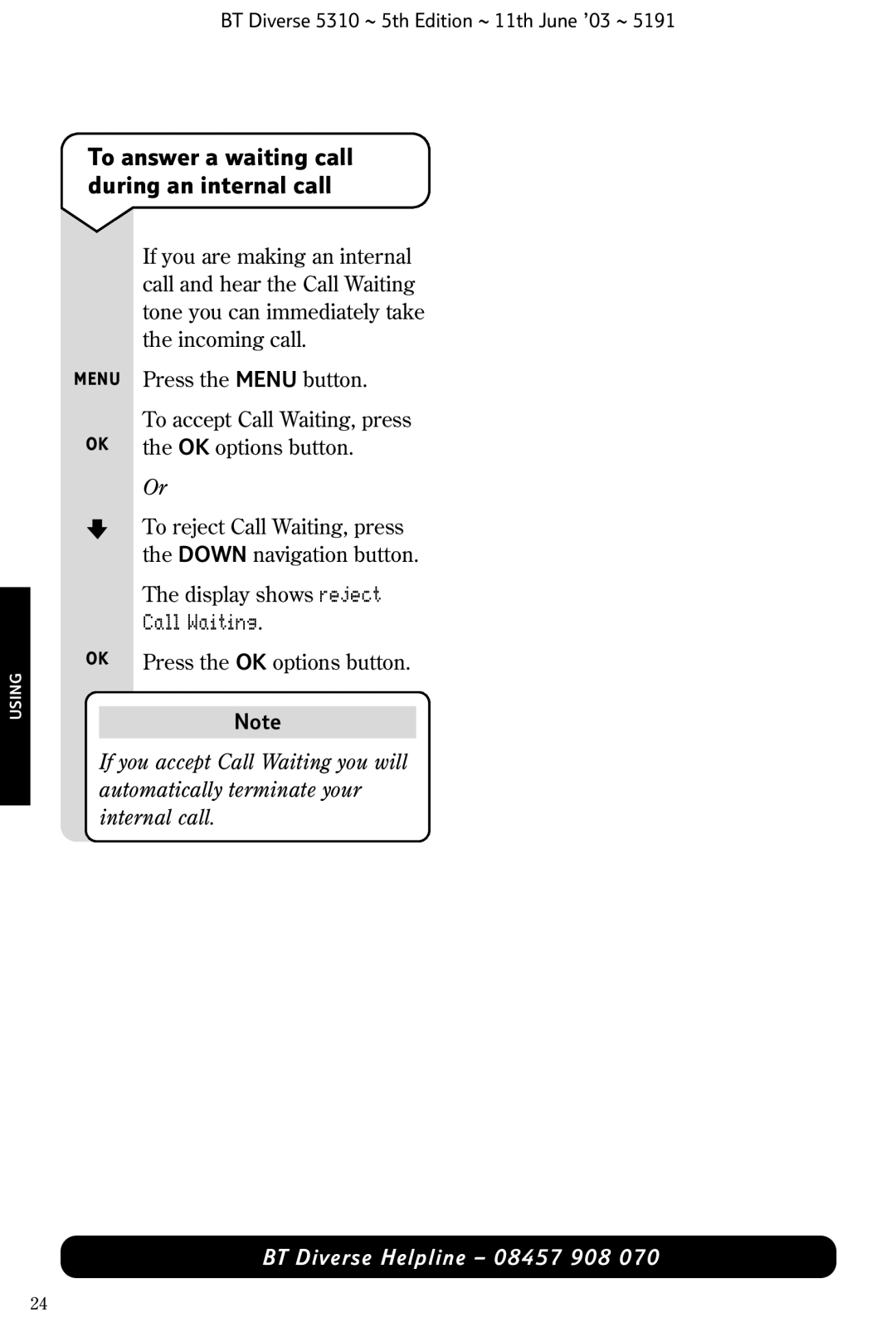 BT 5310 manual To answer a waiting call during an internal call, Call Waiting 