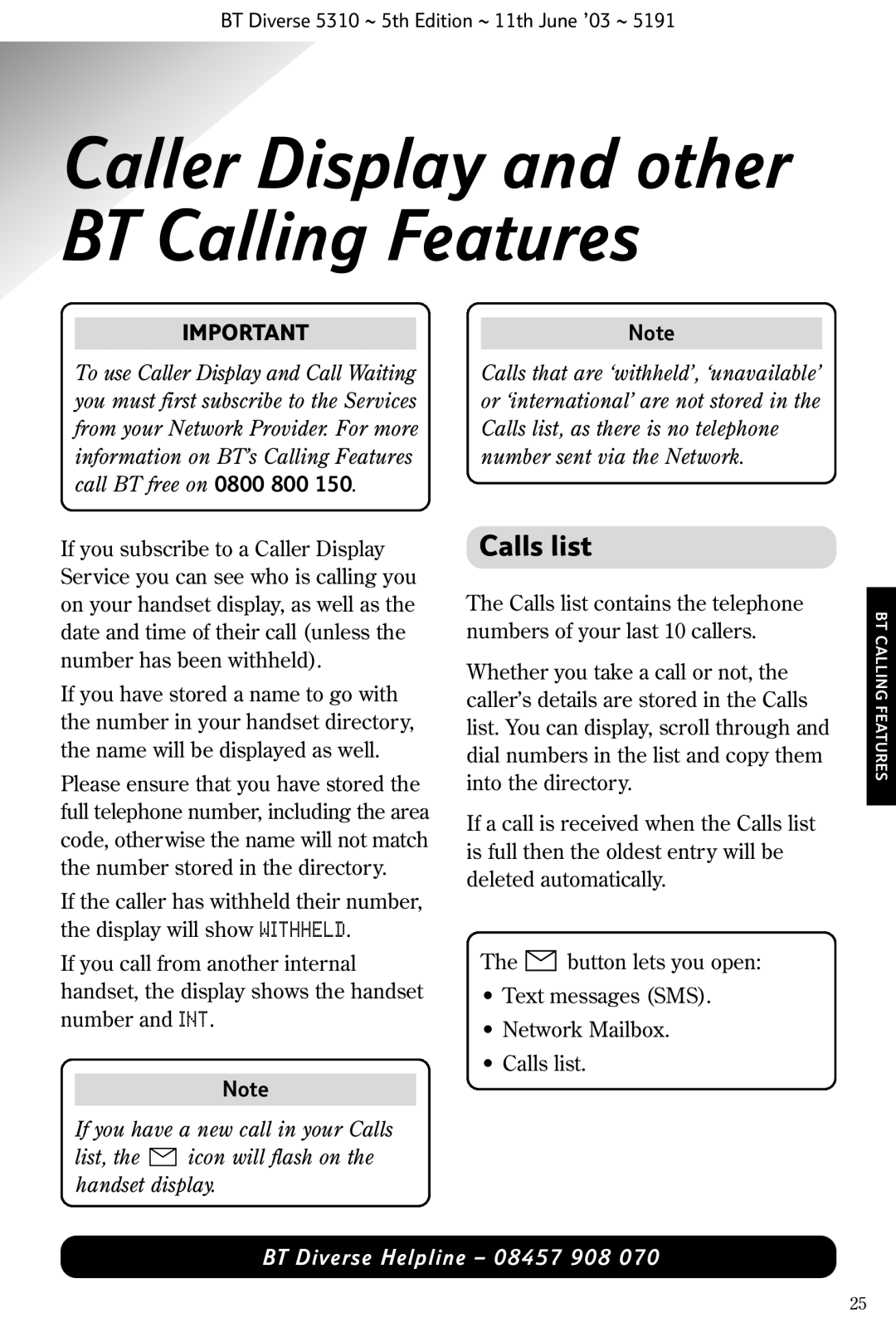 BT 5310 manual Caller Display and other BT Calling Features, Calls list 