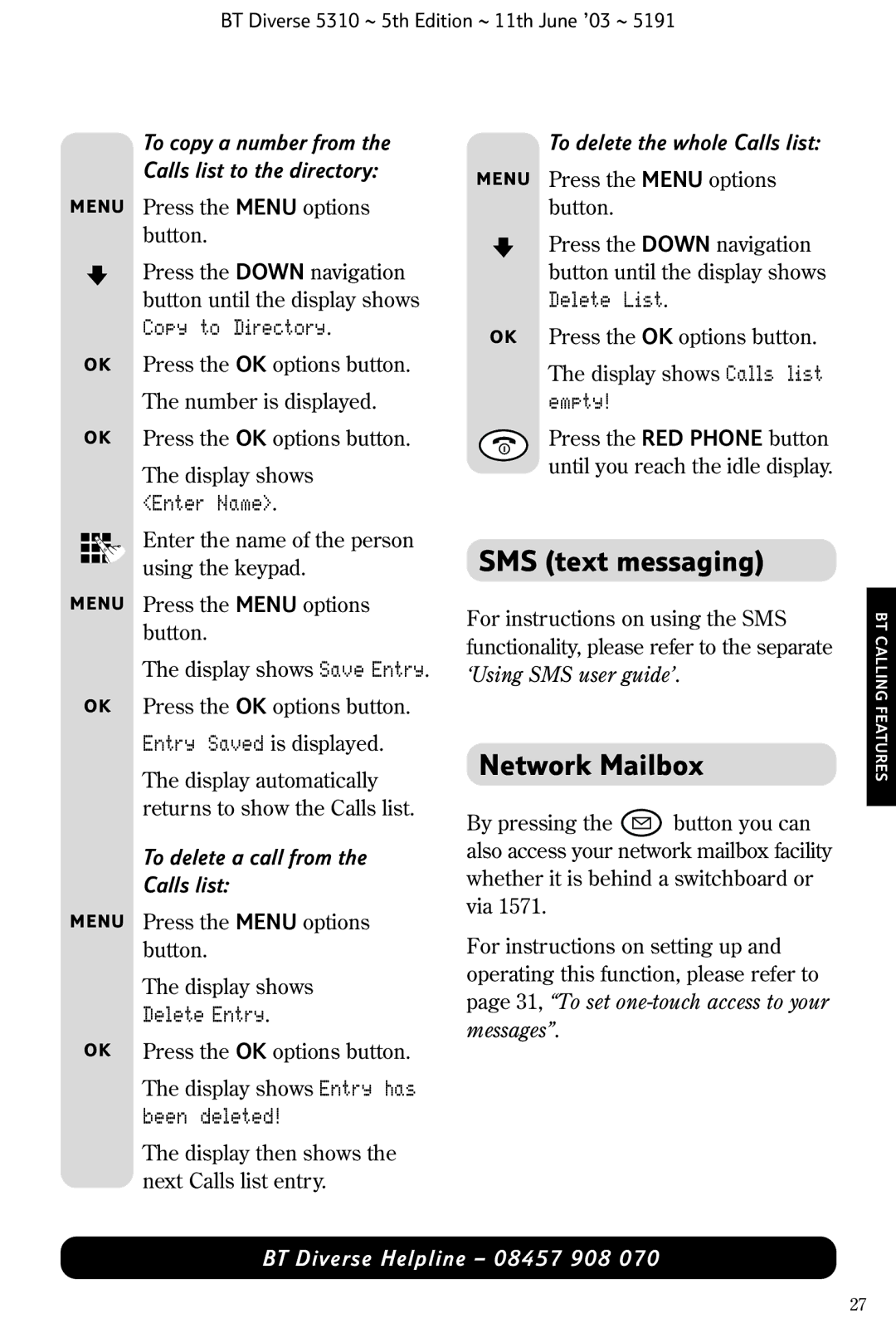 BT 5310 manual SMS text messaging, Network Mailbox, Been deleted, Empty 