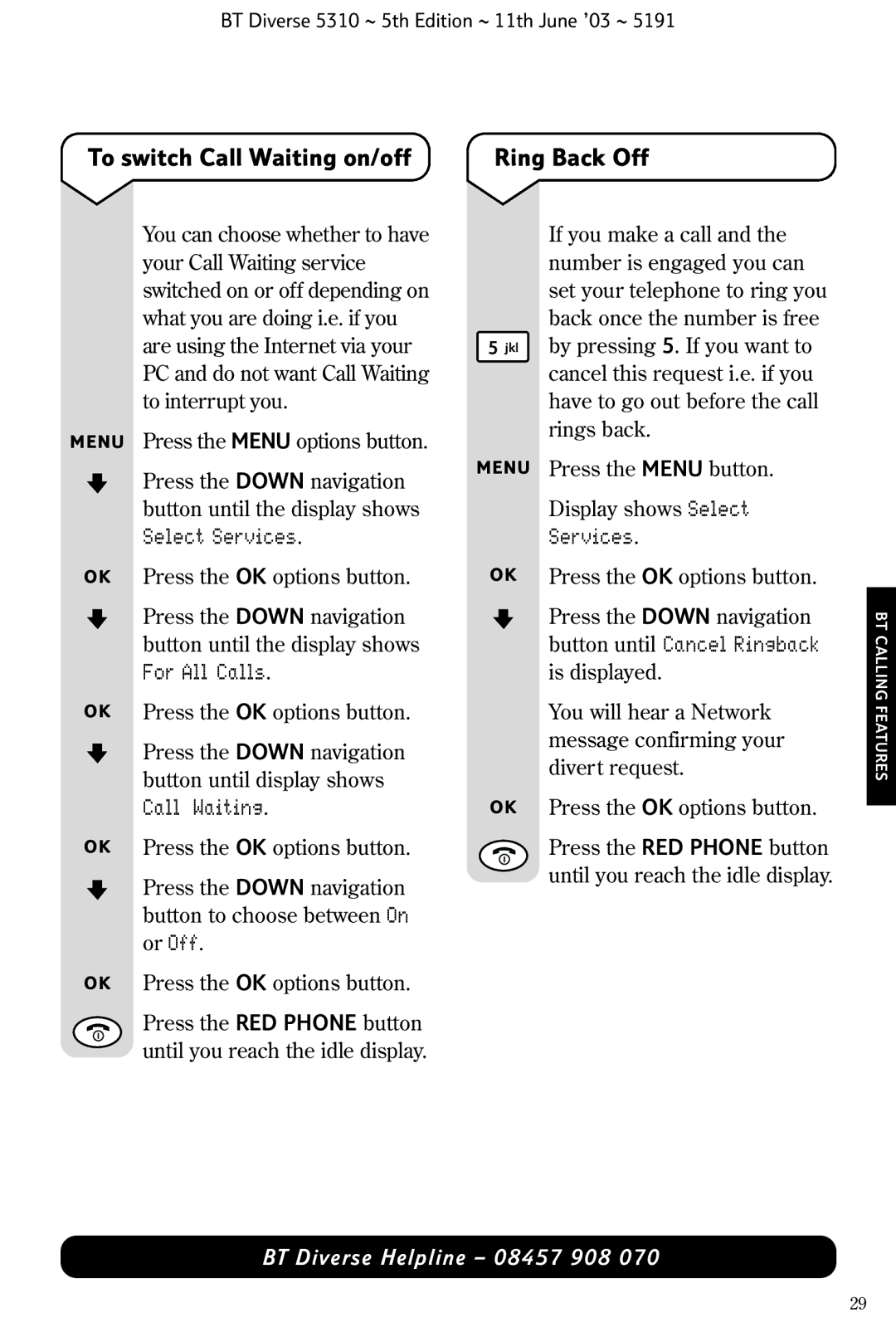 BT 5310 manual To switch Call Waiting on/off, Ring Back Off, Services 