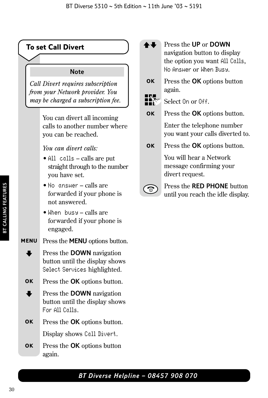 BT 5310 manual To set Call Divert, No Answer or When Busy, You can divert calls 