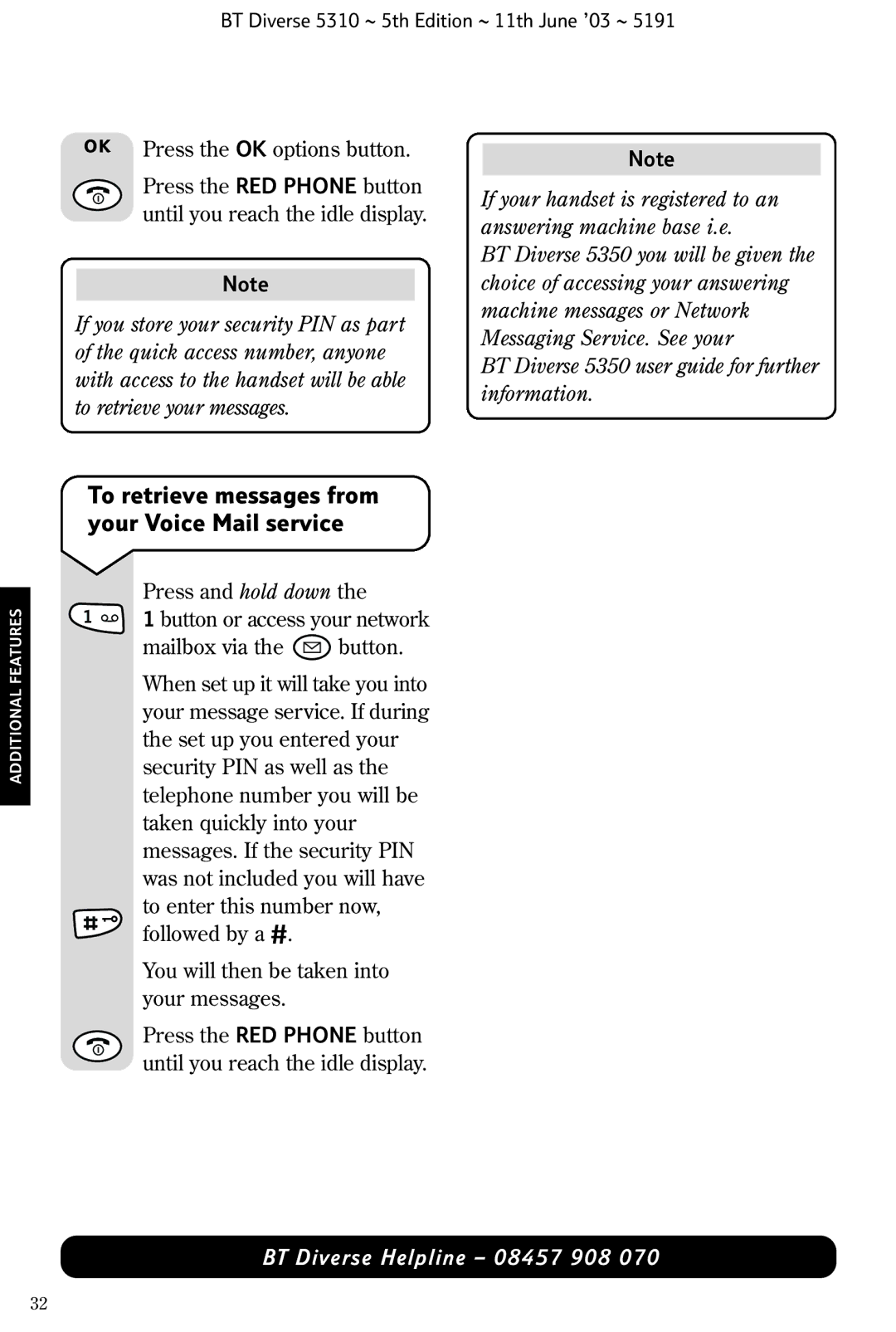 BT 5310 manual To retrieve messages from your Voice Mail service 